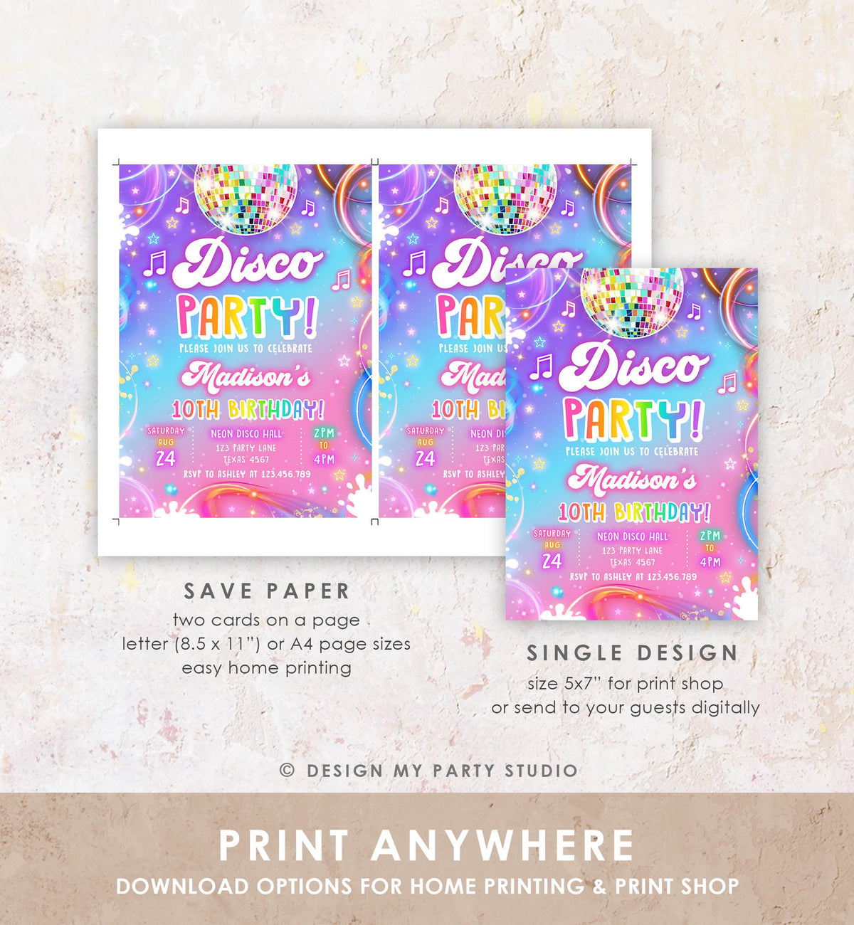 Editable Disco Party Birthday Invitation Neon Glow Let's Glow Crazy Girl Retro Groovy Digital Download Evite Template Printable 0568
