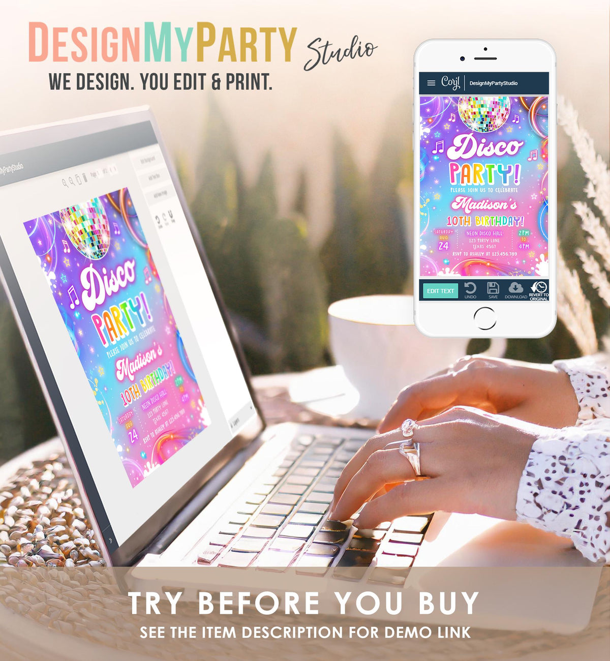Editable Disco Party Birthday Invitation Neon Glow Let's Glow Crazy Girl Retro Groovy Digital Download Evite Template Printable 0568
