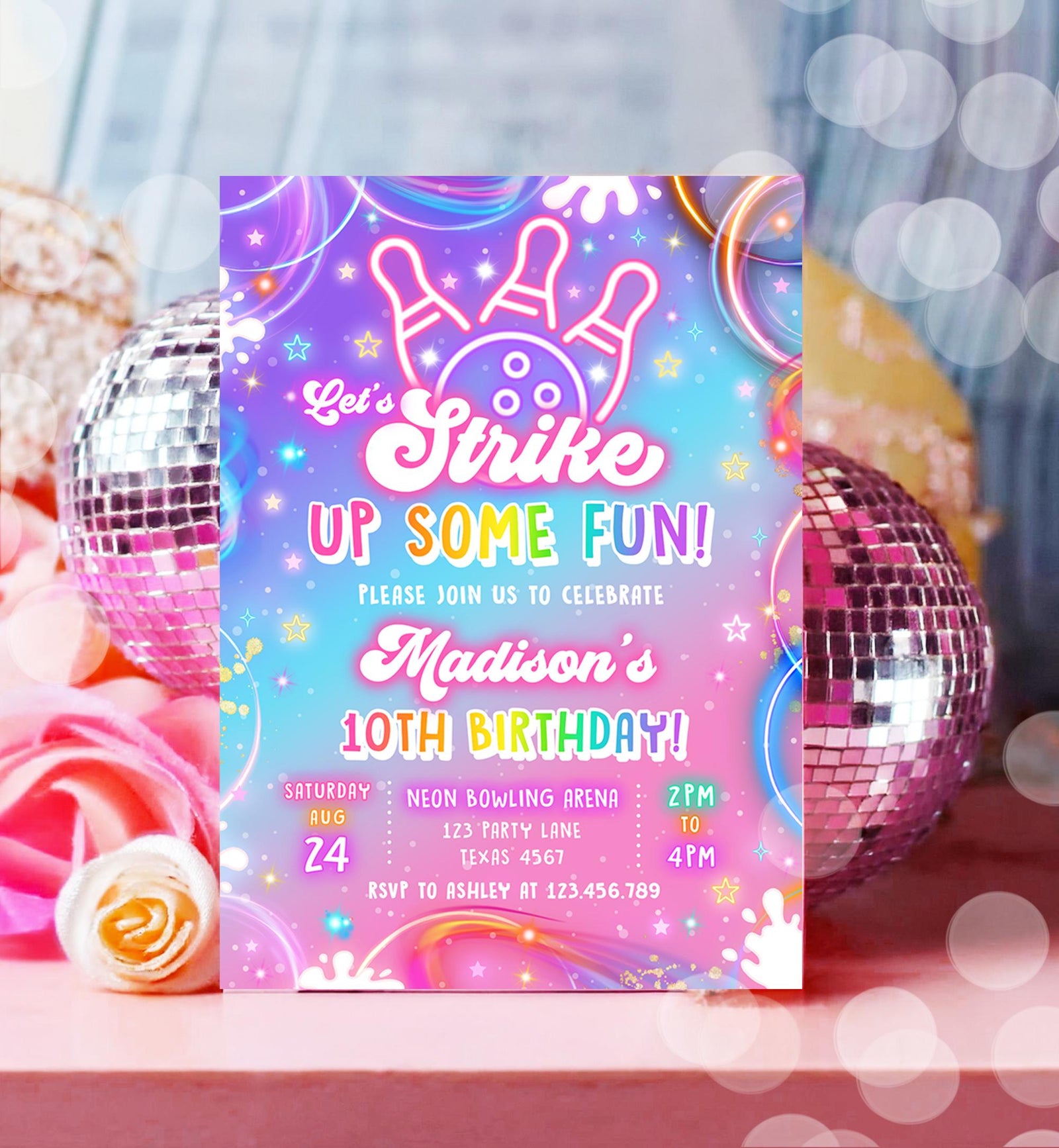 Editable Bowling Birthday Invitation Strike Up Some Fun Girl Bowling Party Pink Purple Neon Glow Download Evite Template Printable 0568