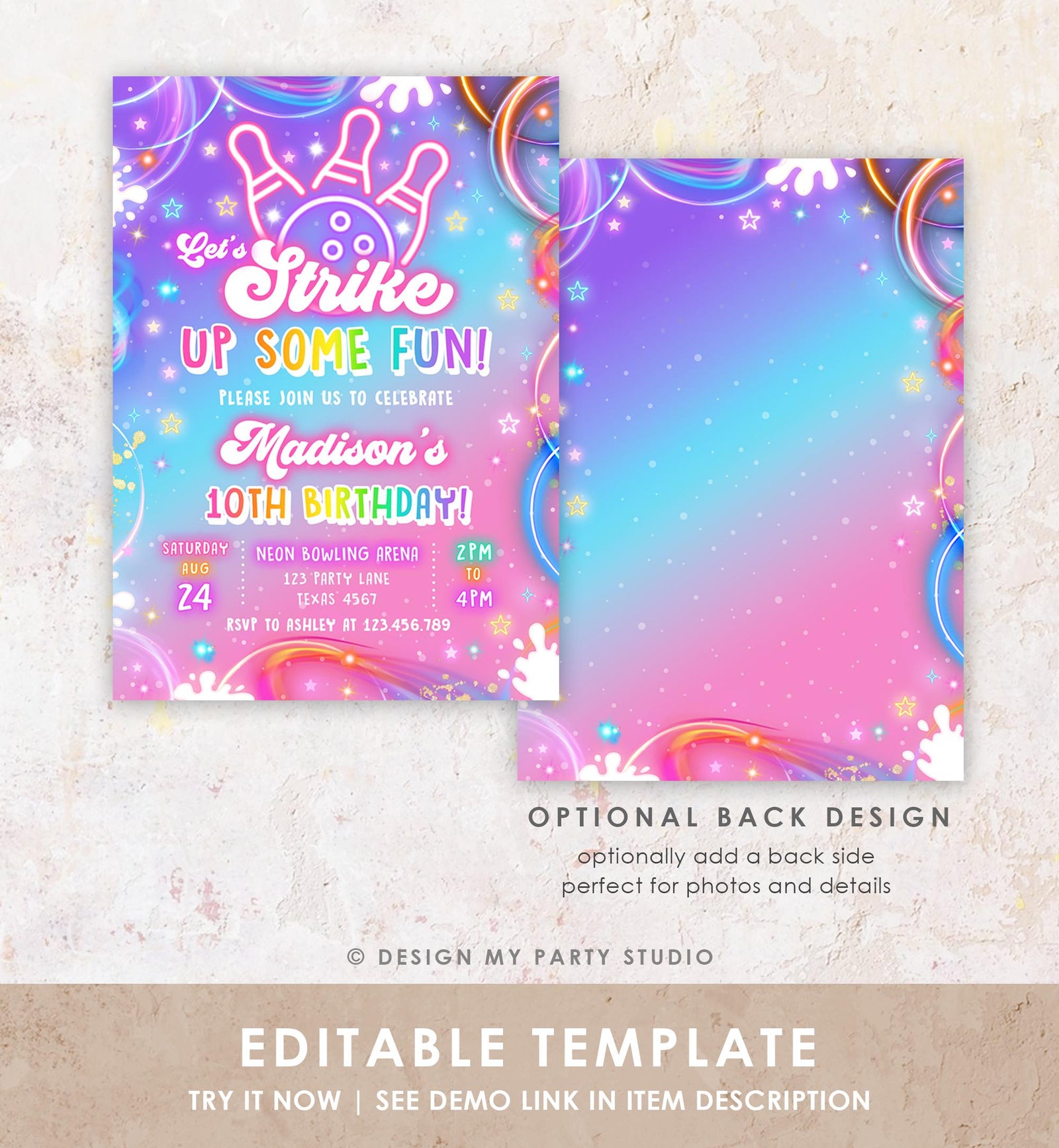 Editable Bowling Birthday Invitation Strike Up Some Fun Girl Bowling Party Pink Purple Neon Glow Download Evite Template Printable 0568