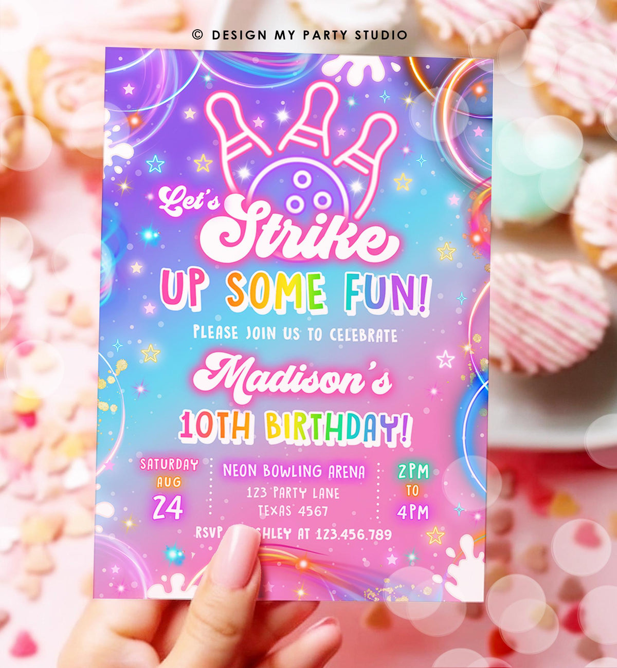 Editable Bowling Birthday Invitation Strike Up Some Fun Girl Bowling Party Pink Purple Neon Glow Download Evite Template Printable 0568