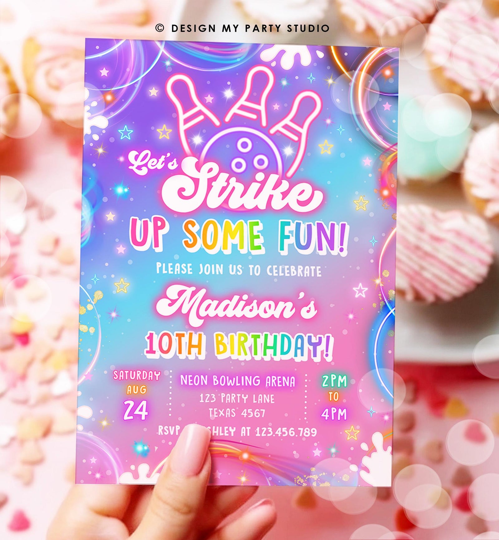 Editable Bowling Birthday Invitation Strike Up Some Fun Girl Bowling Party Pink Purple Neon Glow Download Evite Template Printable 0568