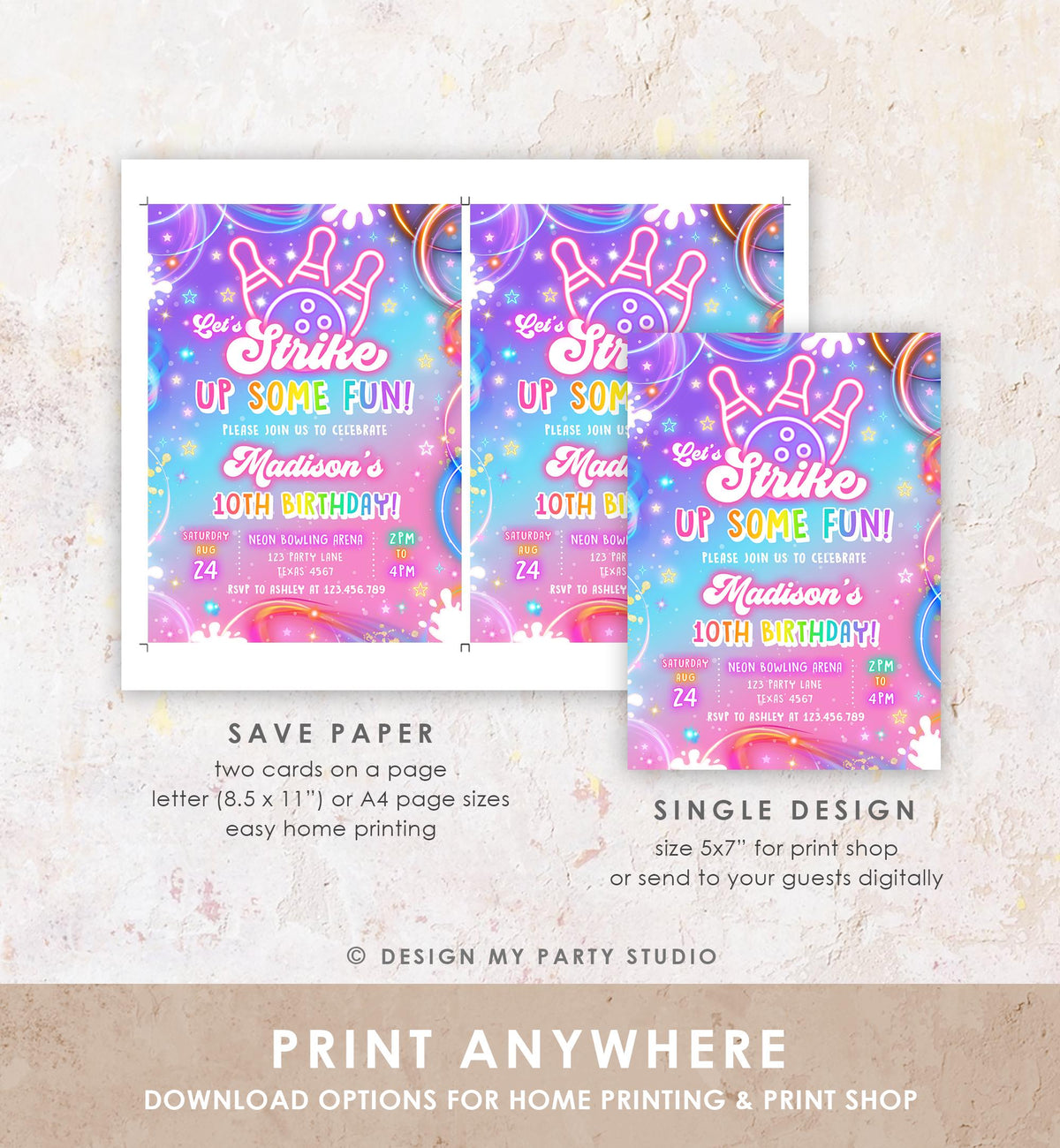 Editable Bowling Birthday Invitation Strike Up Some Fun Girl Bowling Party Pink Purple Neon Glow Download Evite Template Printable 0568