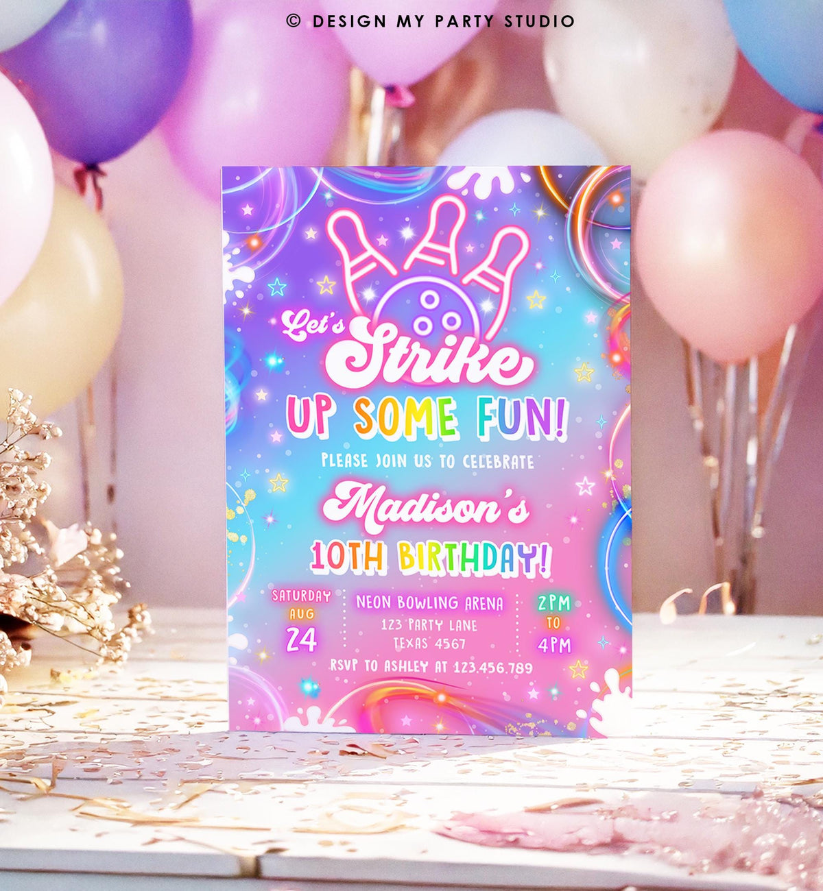 Editable Bowling Birthday Invitation Strike Up Some Fun Girl Bowling Party Pink Purple Neon Glow Download Evite Template Printable 0568