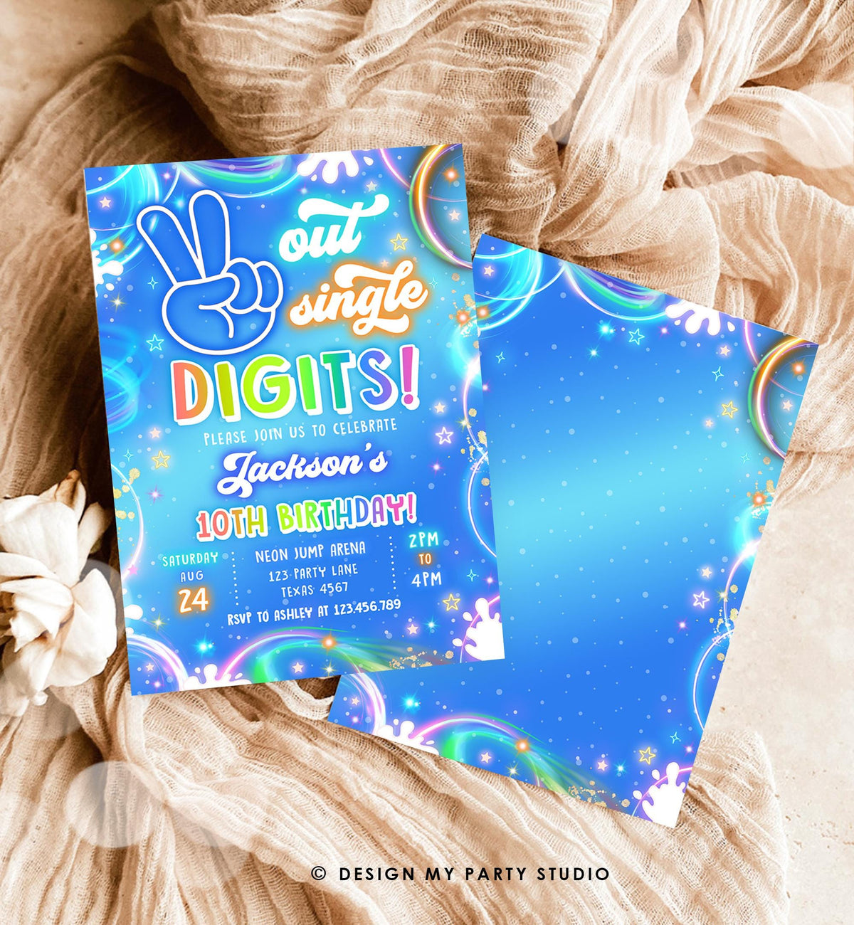 Editable Peace Out Single Digits Birthday Invitation Neon Glow Disco Boy 10th Birthday Party Digital Download Evite Template Printable 0568