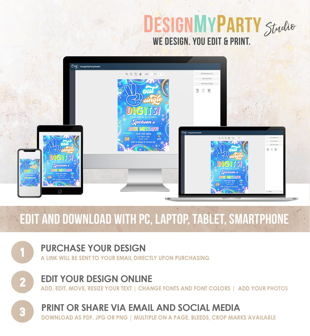 Editable Peace Out Single Digits Birthday Invitation Neon Glow Disco Boy 10th Birthday Party Digital Download Evite Template Printable 0568