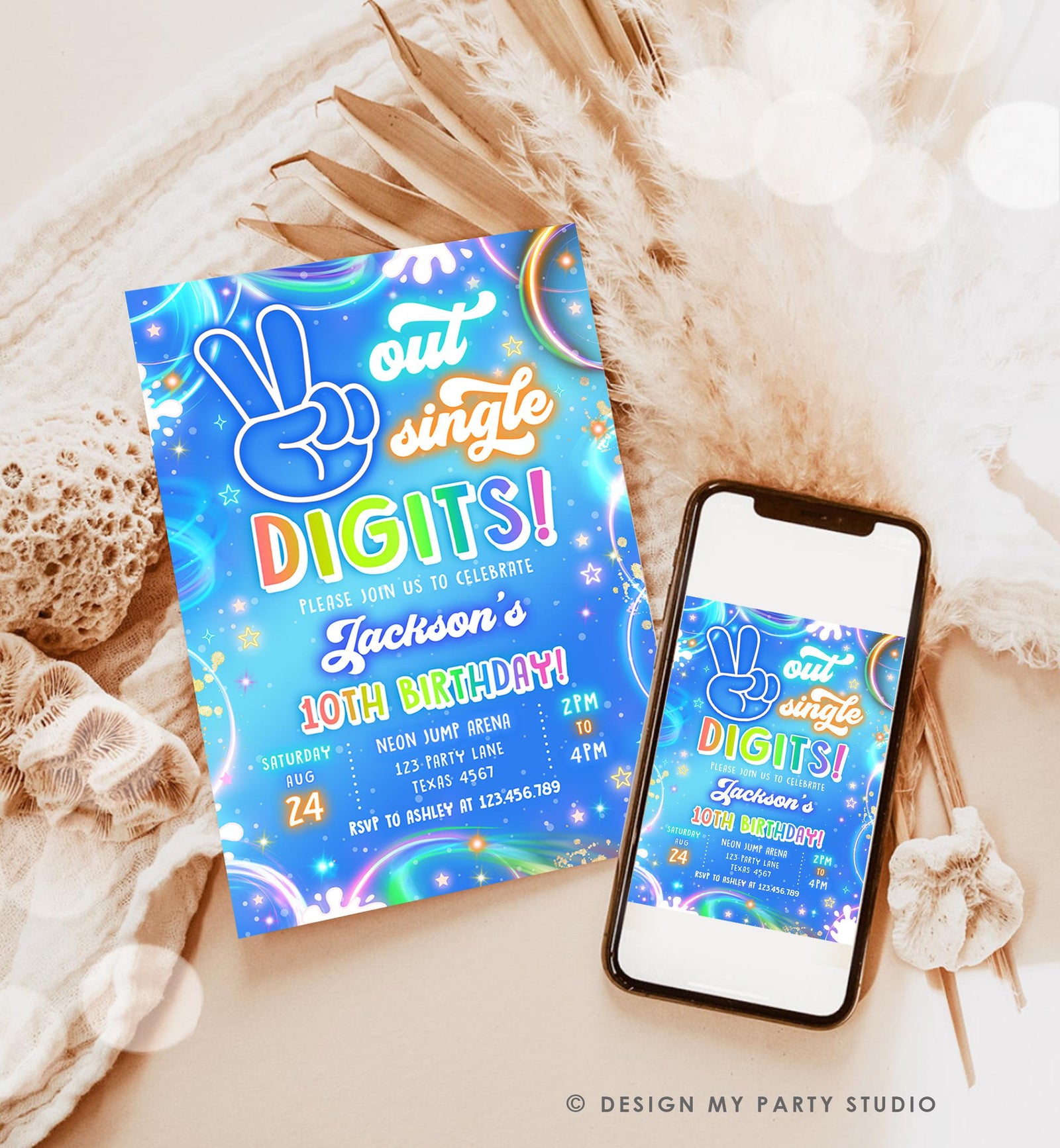 Editable Peace Out Single Digits Birthday Invitation Neon Glow Disco Boy 10th Birthday Party Digital Download Evite Template Printable 0568