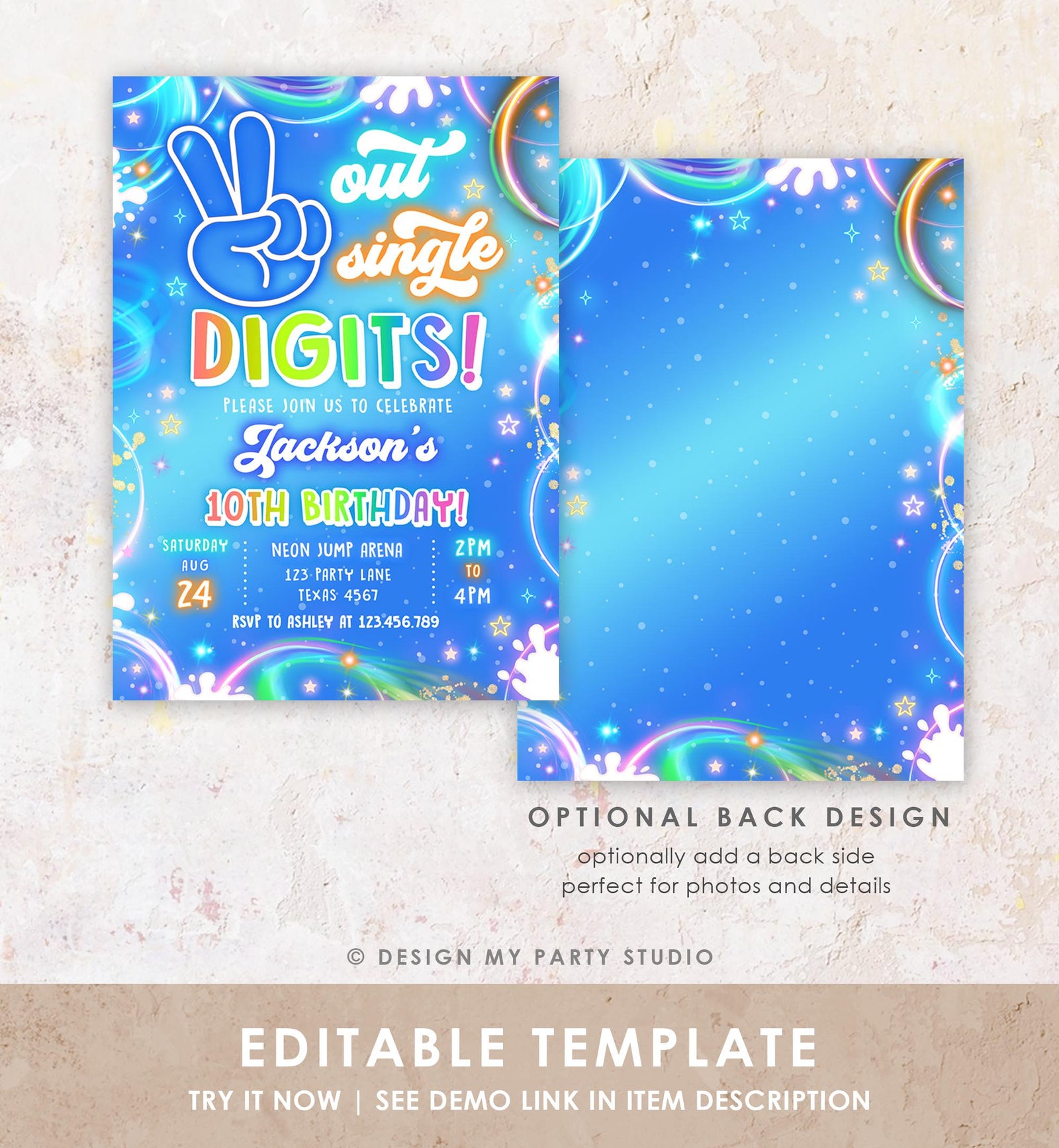 Editable Peace Out Single Digits Birthday Invitation Neon Glow Disco Boy 10th Birthday Party Digital Download Evite Template Printable 0568