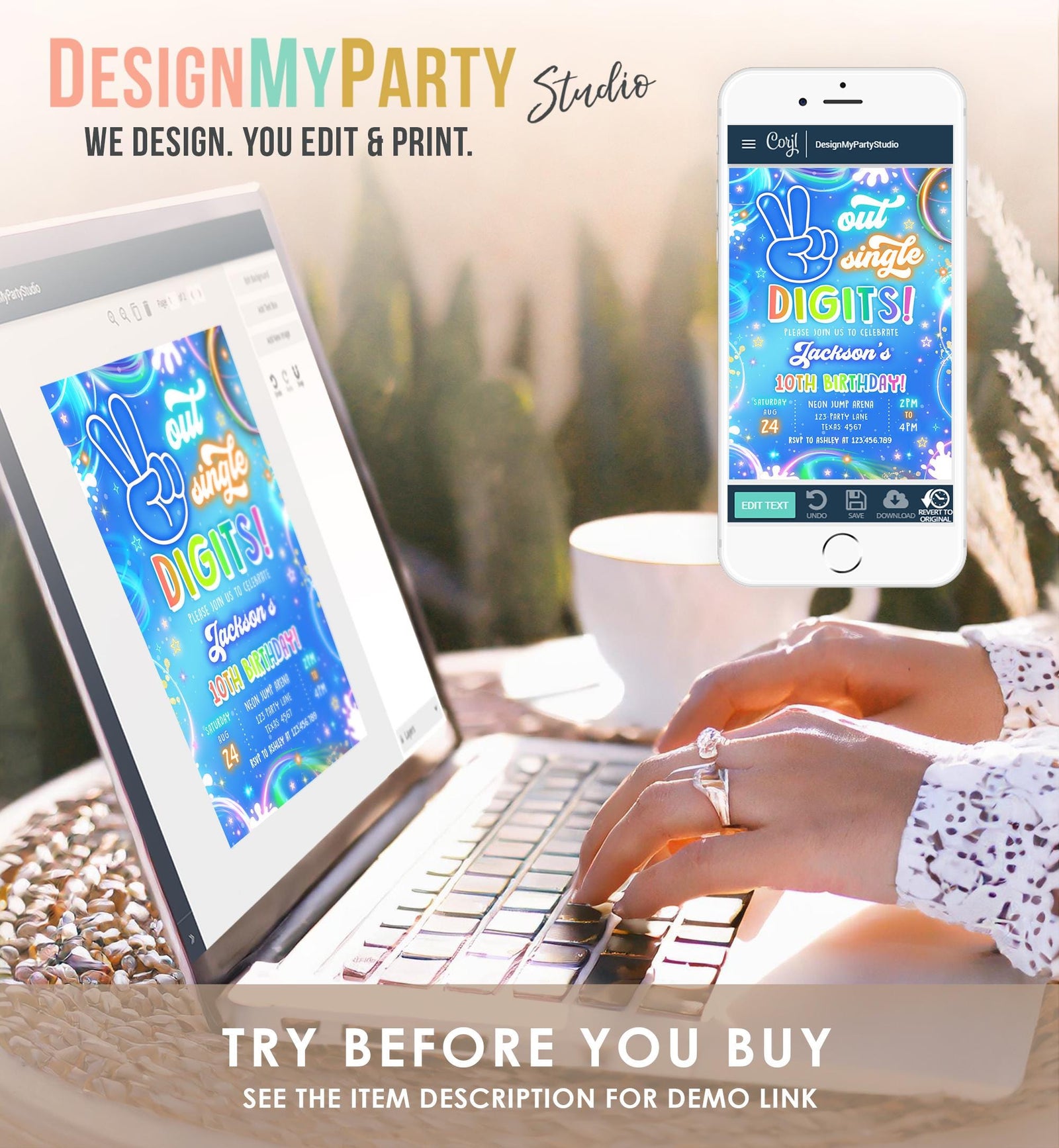 Editable Peace Out Single Digits Birthday Invitation Neon Glow Disco Boy 10th Birthday Party Digital Download Evite Template Printable 0568