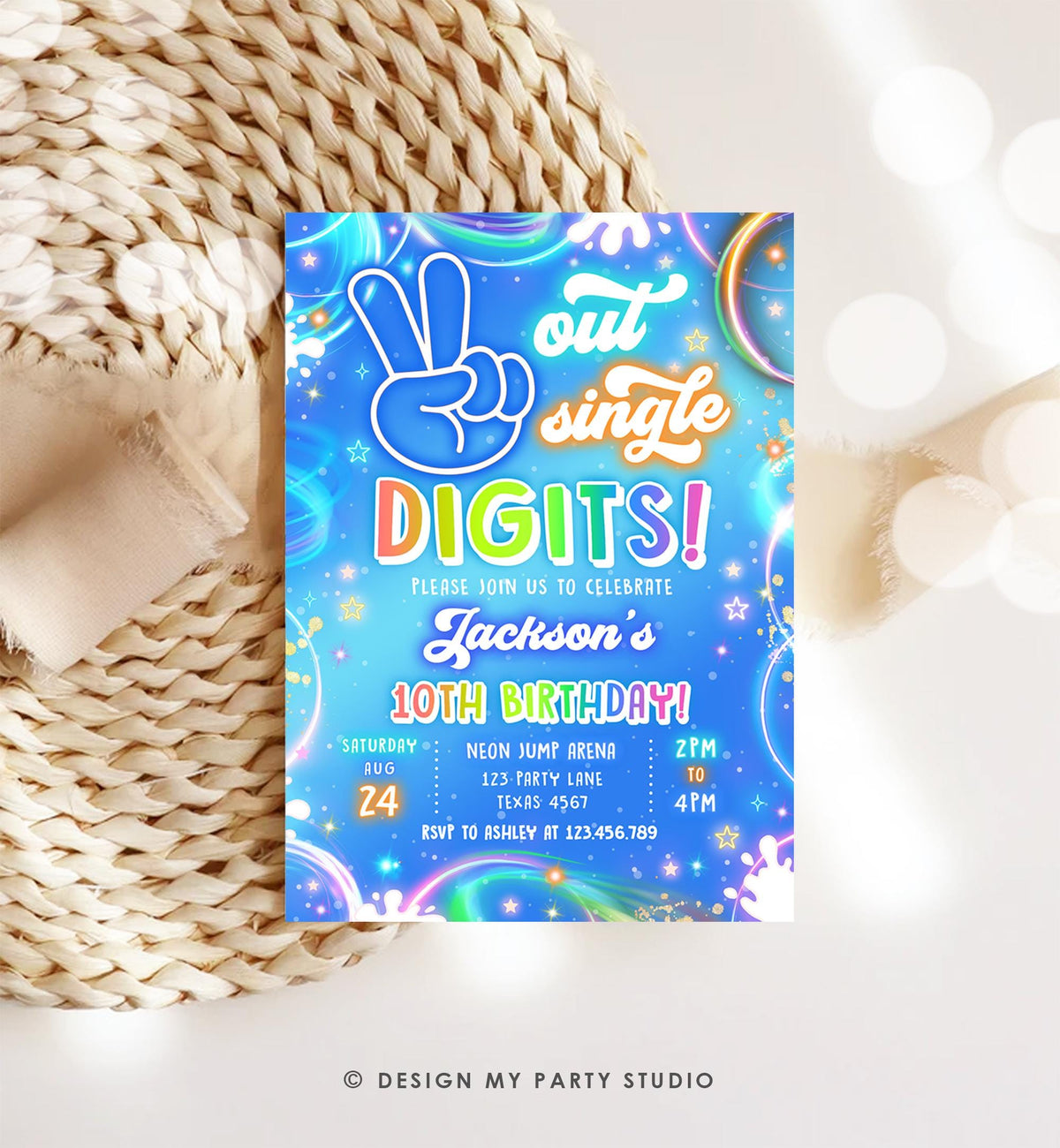 Editable Peace Out Single Digits Birthday Invitation Neon Glow Disco Boy 10th Birthday Party Digital Download Evite Template Printable 0568