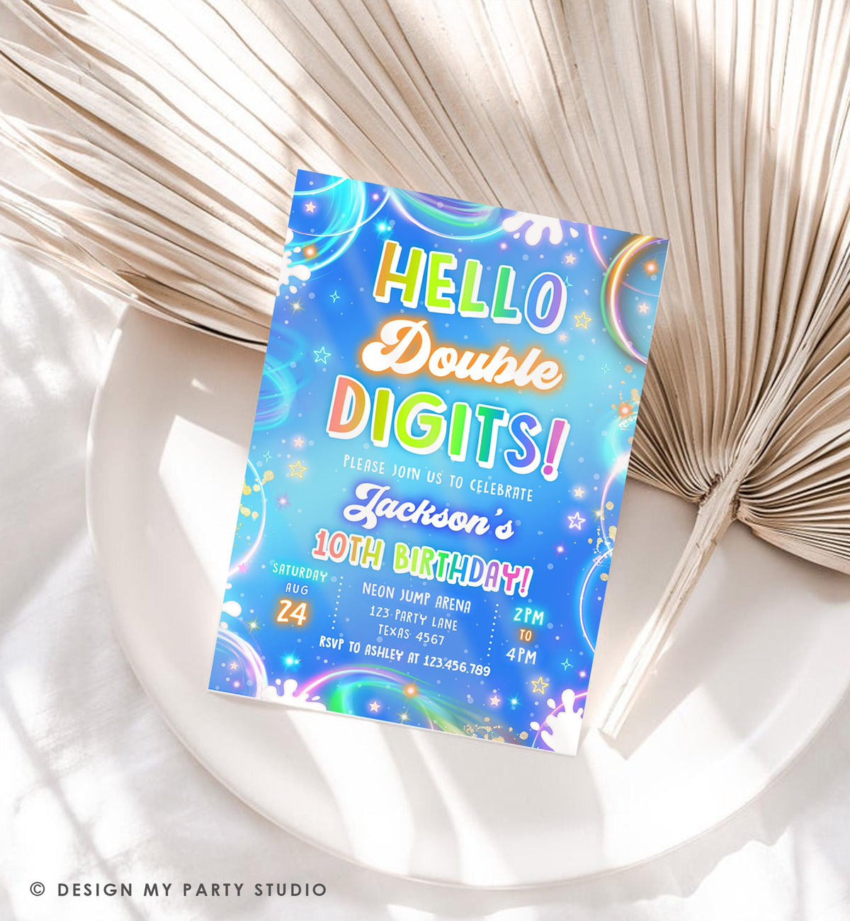 Editable Hello Double Digits Birthday Invitation Neon Glow Disco Boy 10th Birthday Party Digital Download Evite Template Printable 0568
