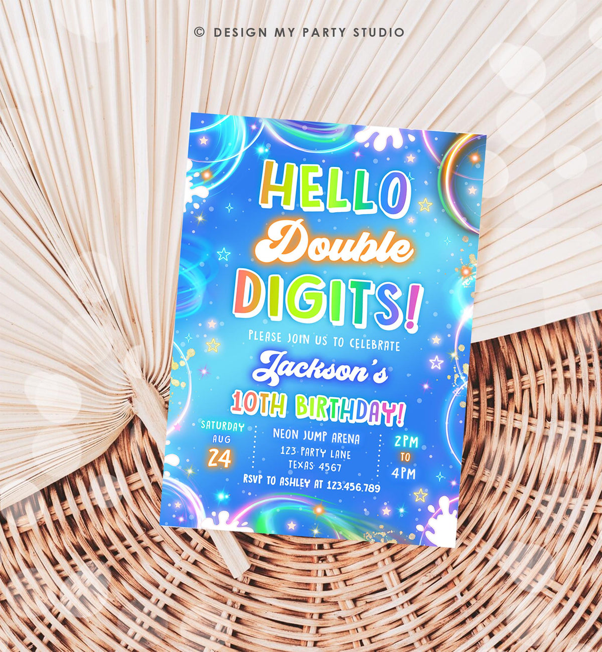 Editable Hello Double Digits Birthday Invitation Neon Glow Disco Boy 10th Birthday Party Digital Download Evite Template Printable 0568