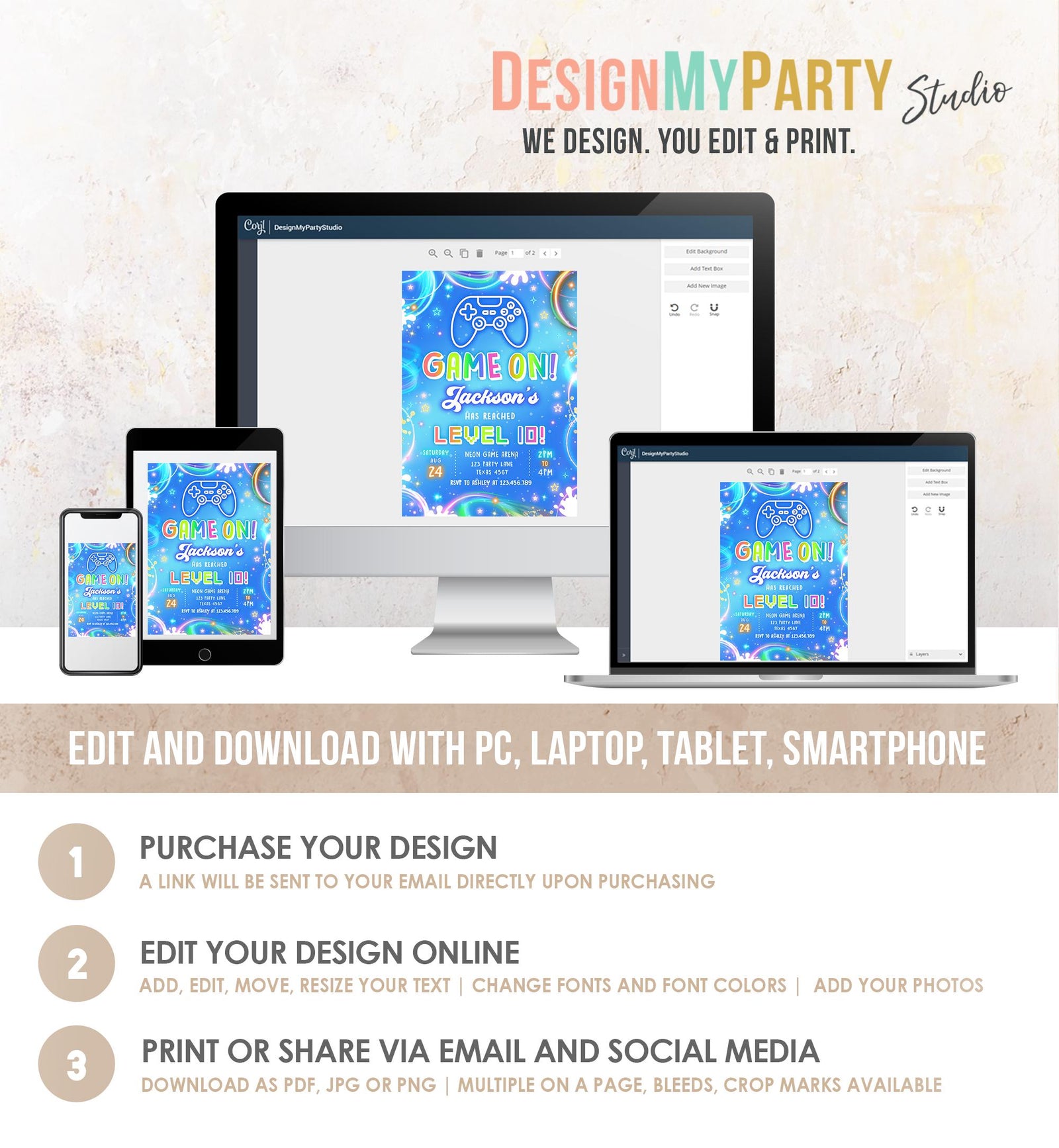 Editable Game On Birthday Invitation Video Game Gamer Level Up Neon Glow Boy Epic Play Party Fun Digital Evite Template Printable 0568