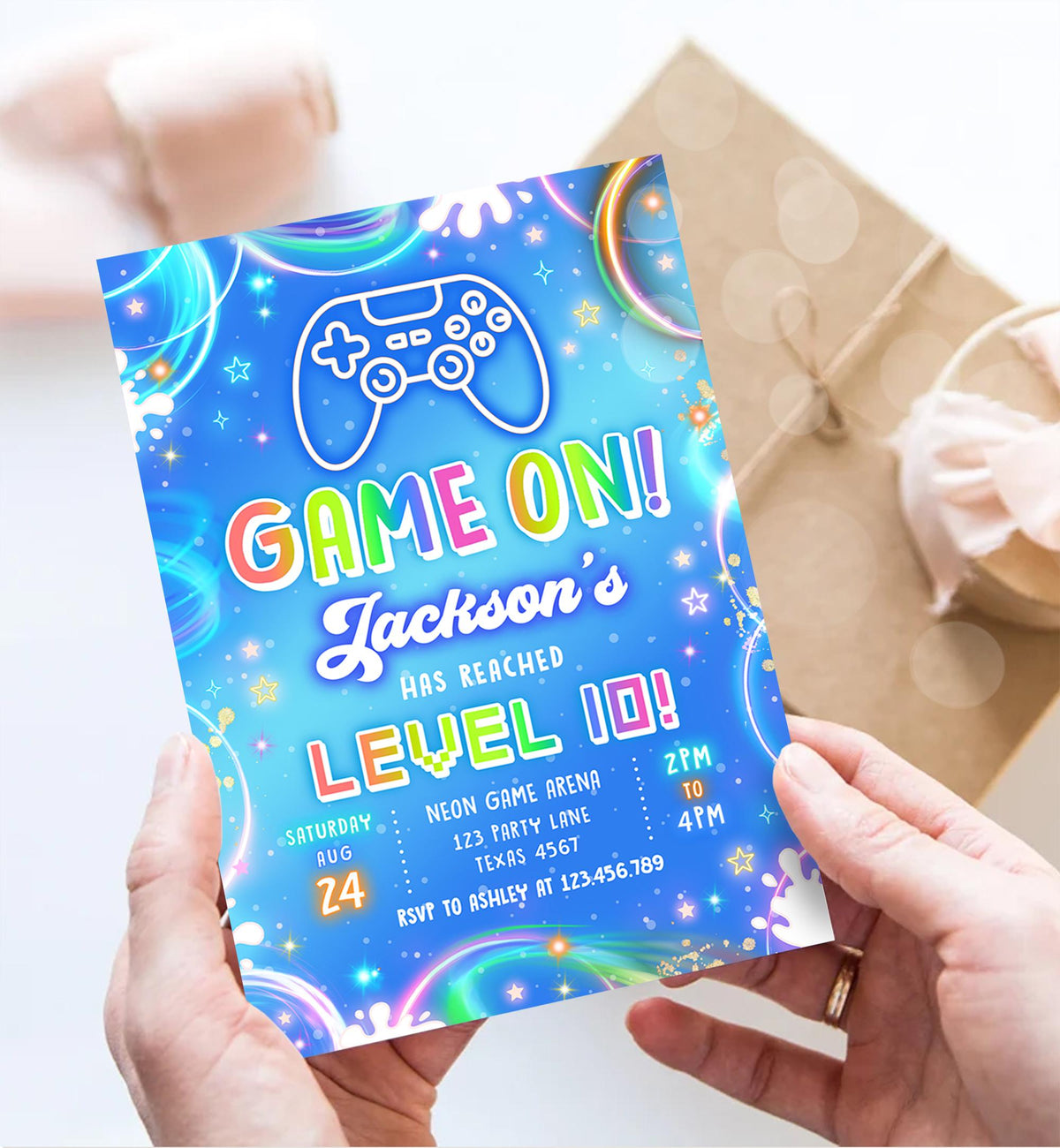 Editable Game On Birthday Invitation Video Game Gamer Level Up Neon Glow Boy Epic Play Party Fun Digital Evite Template Printable 0568