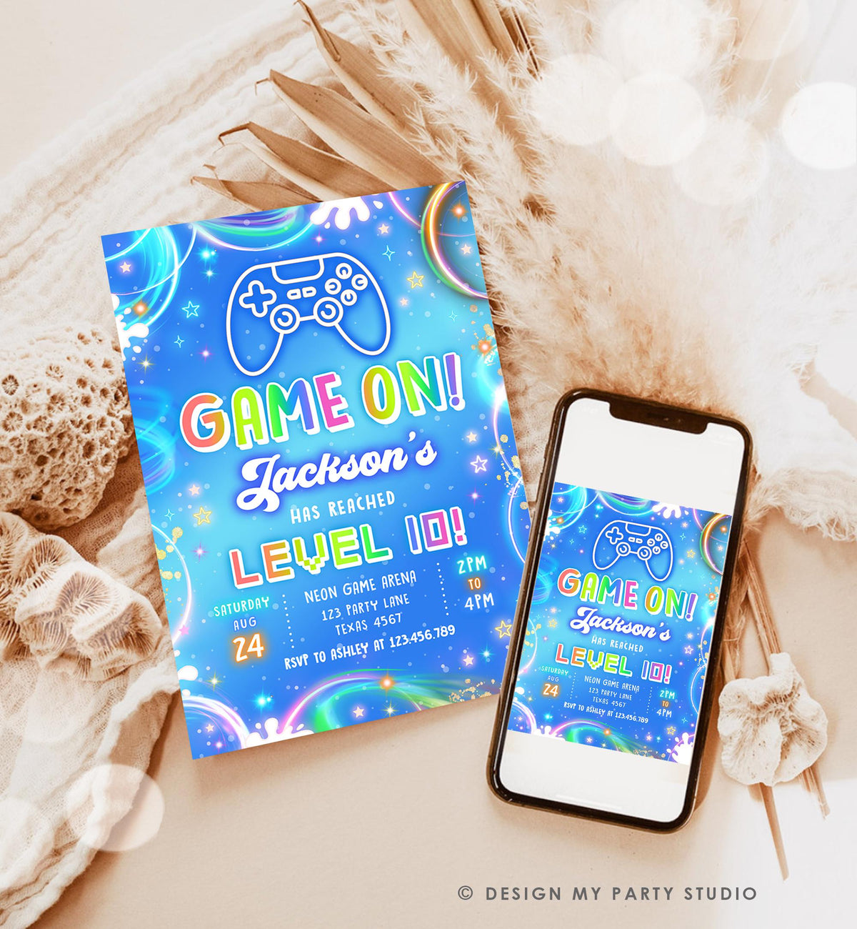 Editable Game On Birthday Invitation Video Game Gamer Level Up Neon Glow Boy Epic Play Party Fun Digital Evite Template Printable 0568