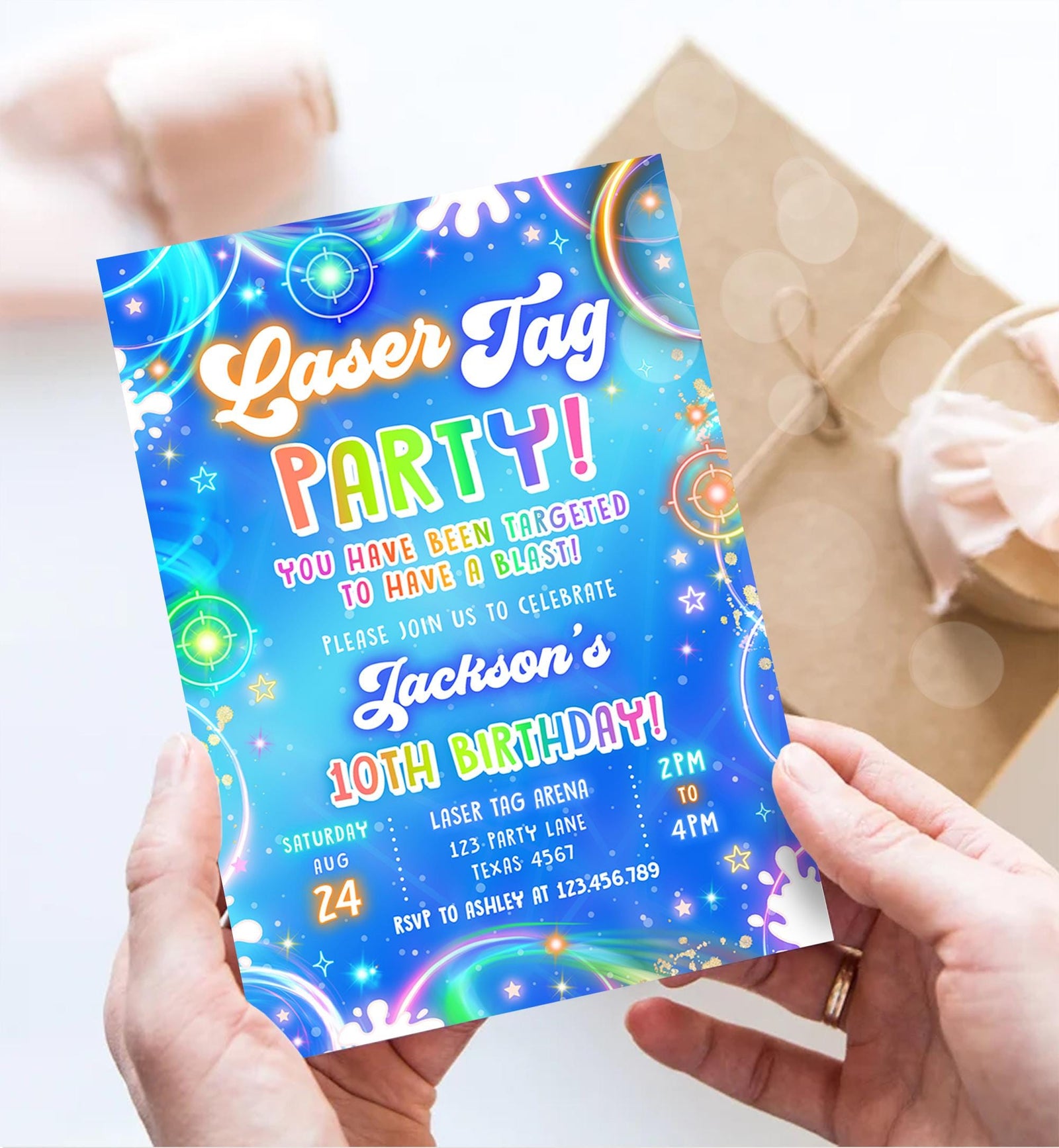 Editable Laser Tag Birthday Invitation Boy Game Gamer Level Up Neon Glow Blue Epic Play Party Fun Digital Evite Template Printable 0568