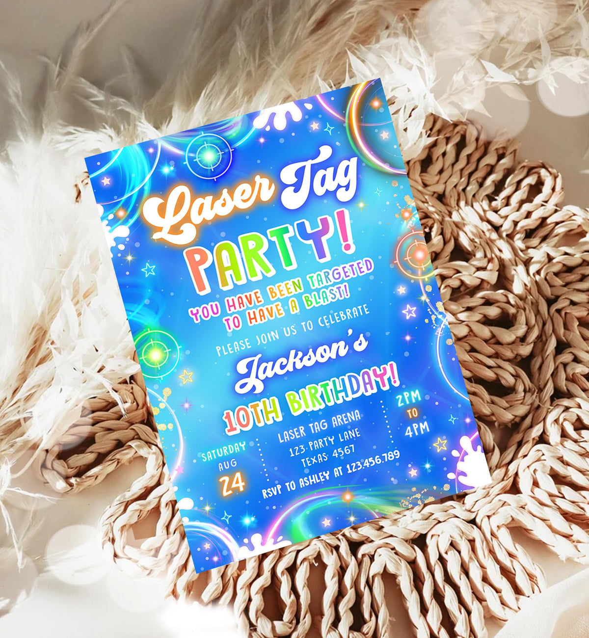 Editable Laser Tag Birthday Invitation Boy Game Gamer Level Up Neon Glow Blue Epic Play Party Fun Digital Evite Template Printable 0568