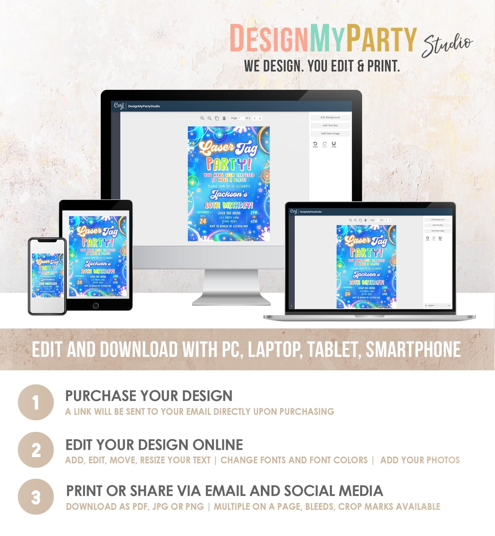 Editable Laser Tag Birthday Invitation Boy Game Gamer Level Up Neon Glow Blue Epic Play Party Fun Digital Evite Template Printable 0568