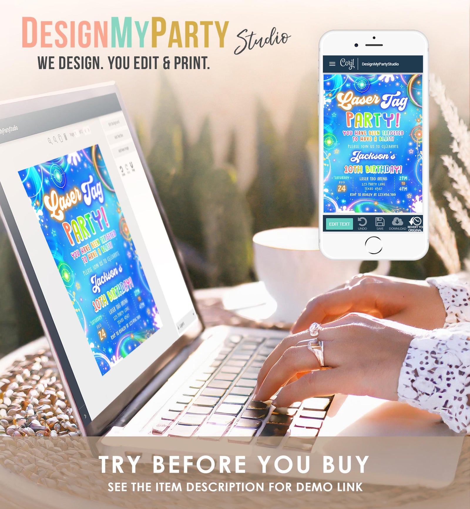 Editable Laser Tag Birthday Invitation Boy Game Gamer Level Up Neon Glow Blue Epic Play Party Fun Digital Evite Template Printable 0568