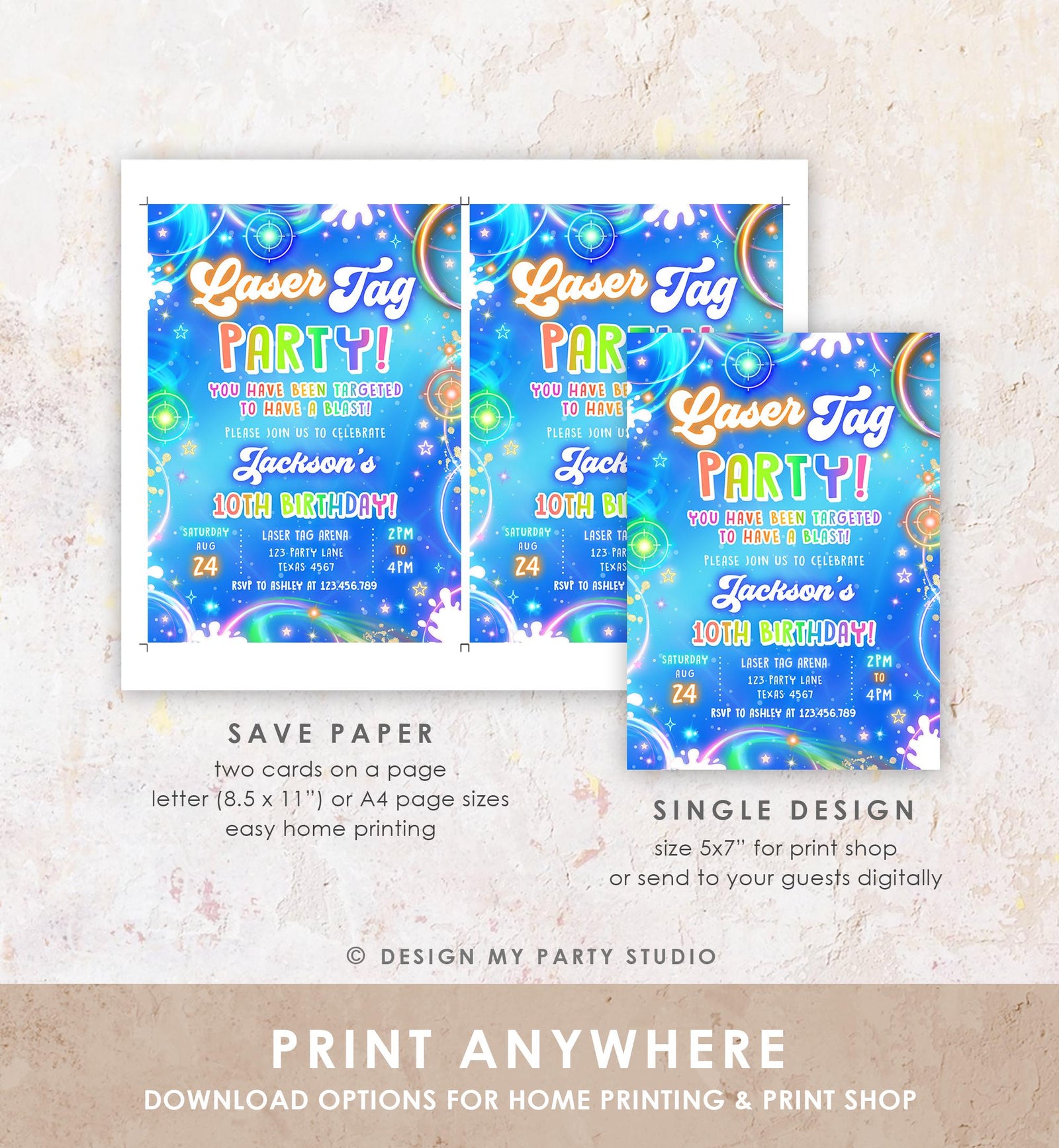 Editable Laser Tag Birthday Invitation Boy Game Gamer Level Up Neon Glow Blue Epic Play Party Fun Digital Evite Template Printable 0568