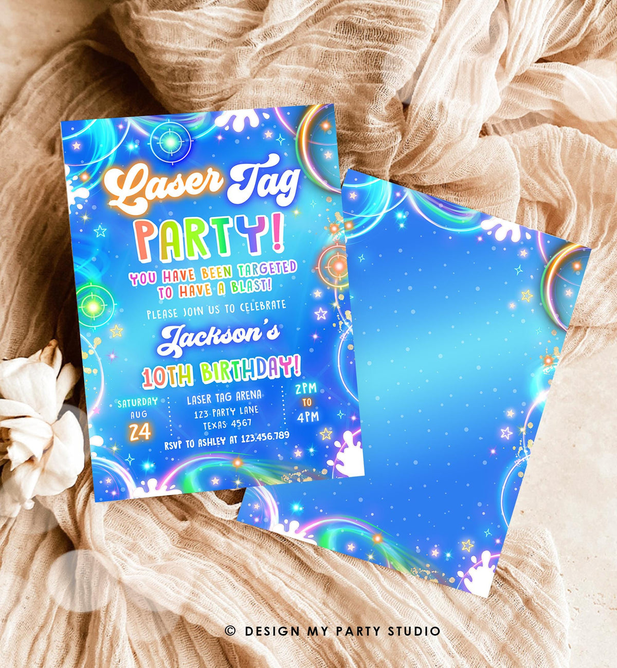 Editable Laser Tag Birthday Invitation Boy Game Gamer Level Up Neon Glow Blue Epic Play Party Fun Digital Evite Template Printable 0568