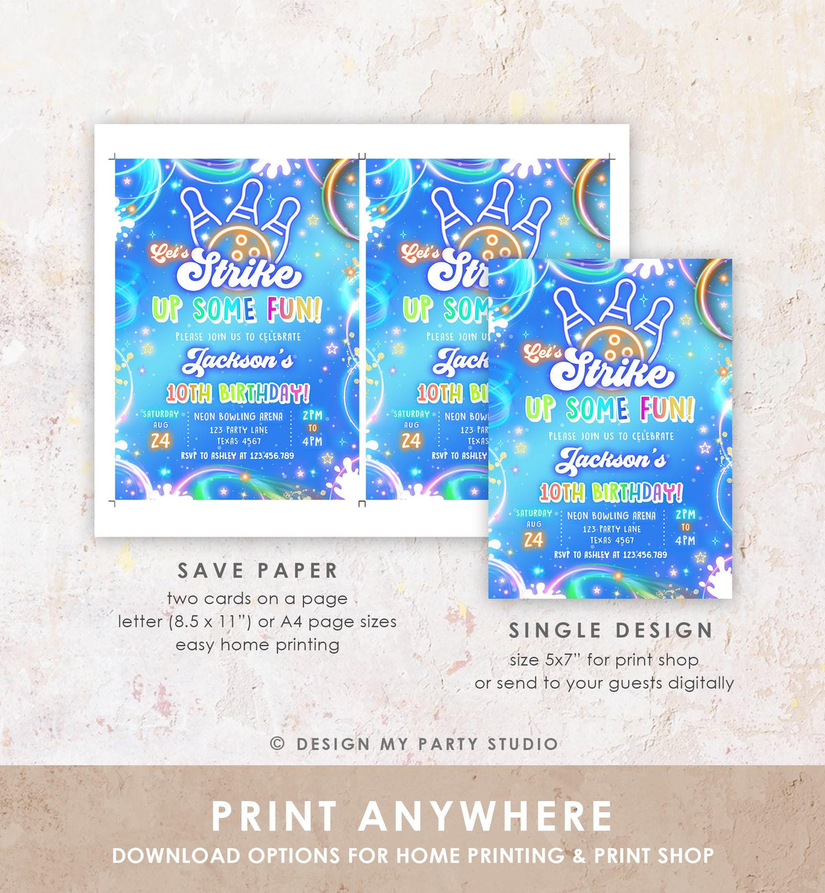 Editable Bowling Birthday Invitation Strike Up Some Fun Boy Bowling Party Blue Orange Neon Glow Download Evite Template Printable 0568