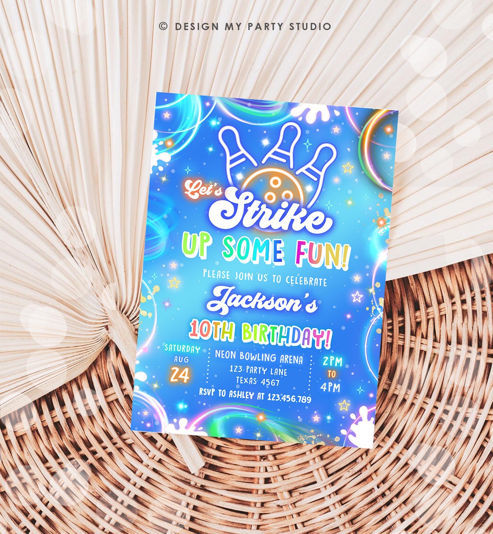 Editable Bowling Birthday Invitation Strike Up Some Fun Boy Bowling Party Blue Orange Neon Glow Download Evite Template Printable 0568