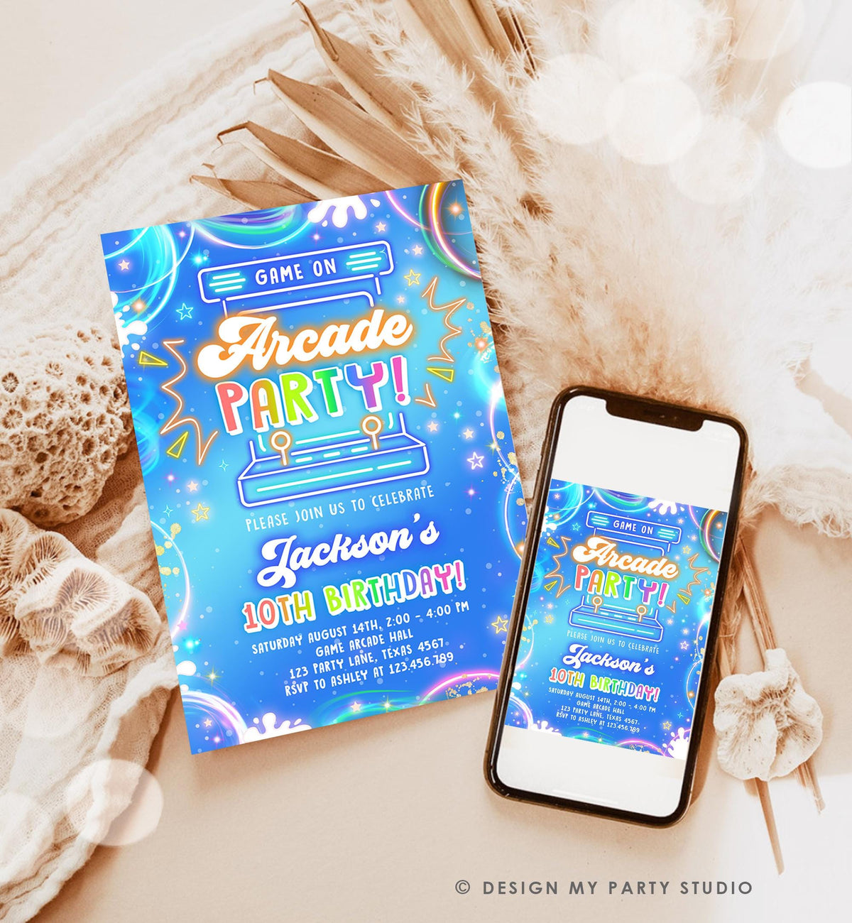 Editable Arcade Party Birthday Invitation Boy Game Gamer Level Up Neon Glow Blue Epic Play Party Fun Digital Evite Template Printable 0568