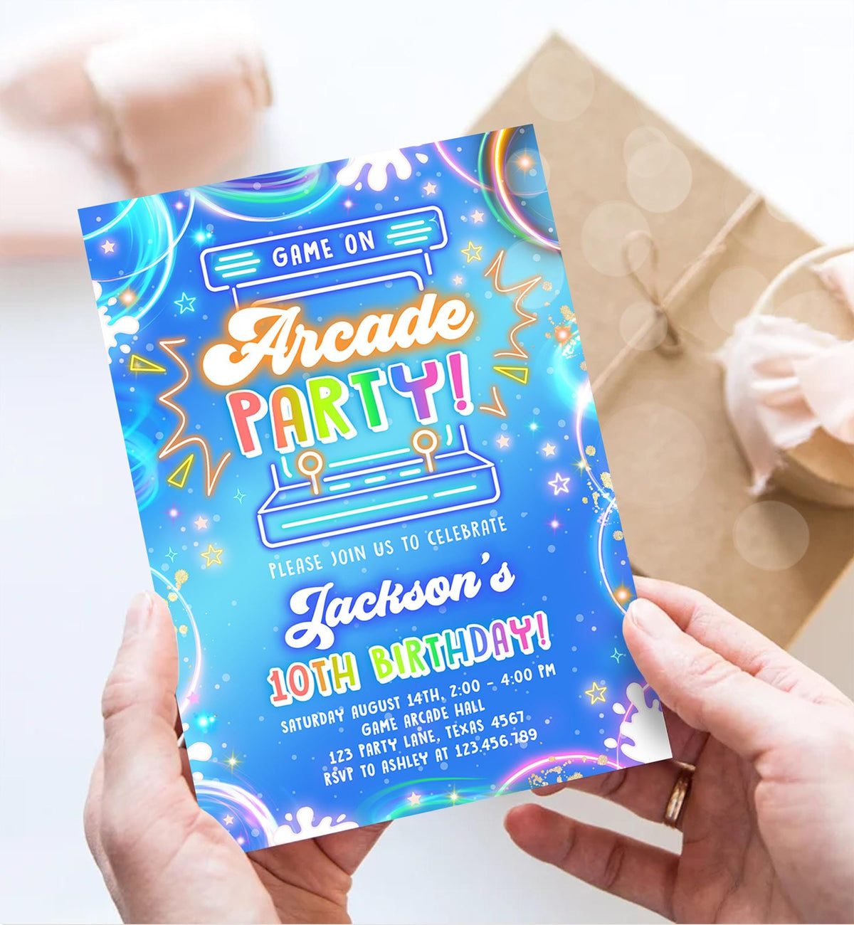 Editable Arcade Party Birthday Invitation Boy Game Gamer Level Up Neon Glow Blue Epic Play Party Fun Digital Evite Template Printable 0568