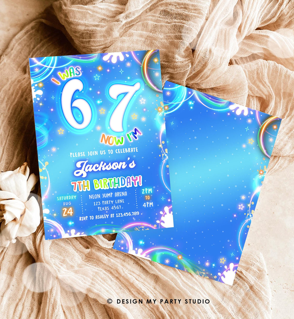 Editable 6 7 Birthday Invitation Boy 7th Retro Groovy Vibe Six Seven Neon Glow Blue Party Digital Evite Template Printable 0568