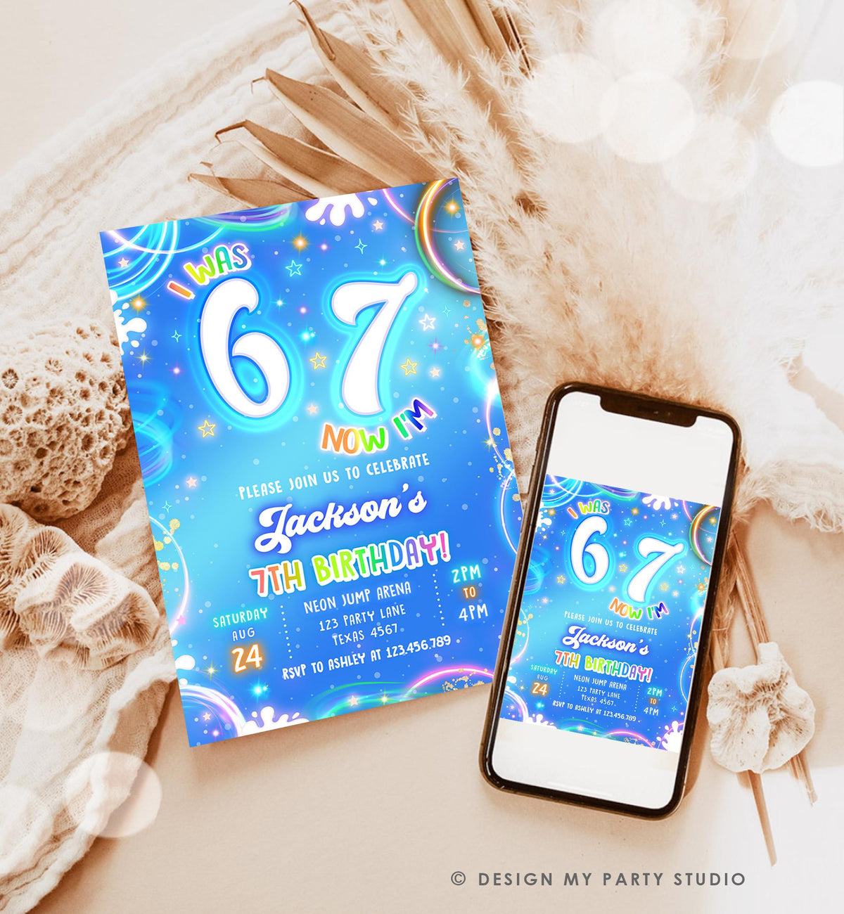 Editable 6 7 Birthday Invitation Boy 7th Retro Groovy Vibe Six Seven Neon Glow Blue Party Digital Evite Template Printable 0568