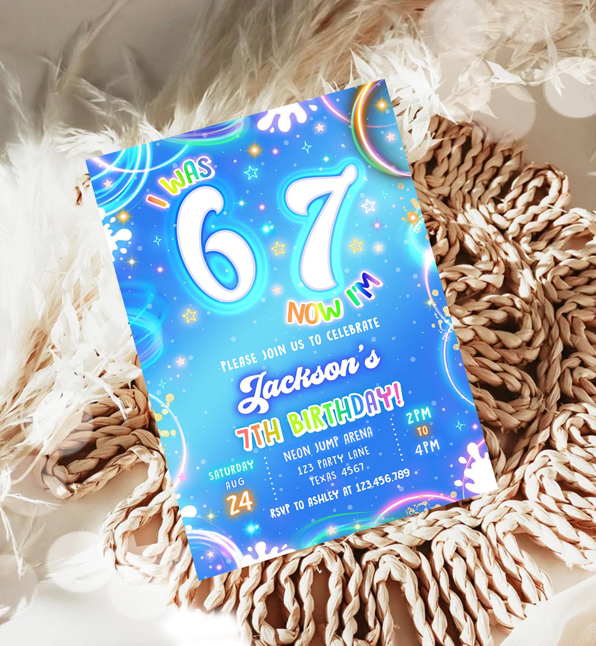 Editable 6 7 Birthday Invitation Boy 7th Retro Groovy Vibe Six Seven Neon Glow Blue Party Digital Evite Template Printable 0568