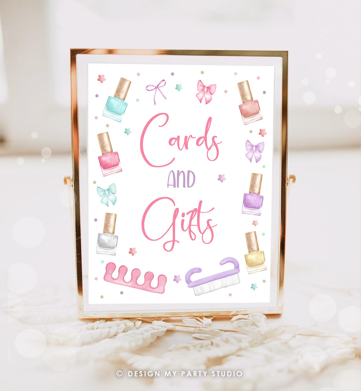 Editable Cards and Gifts Party Sign Mani-Pedi Party Favors Spa Decor Birthday Nail Polish Salon Pink Table Digital Download Printable 0562