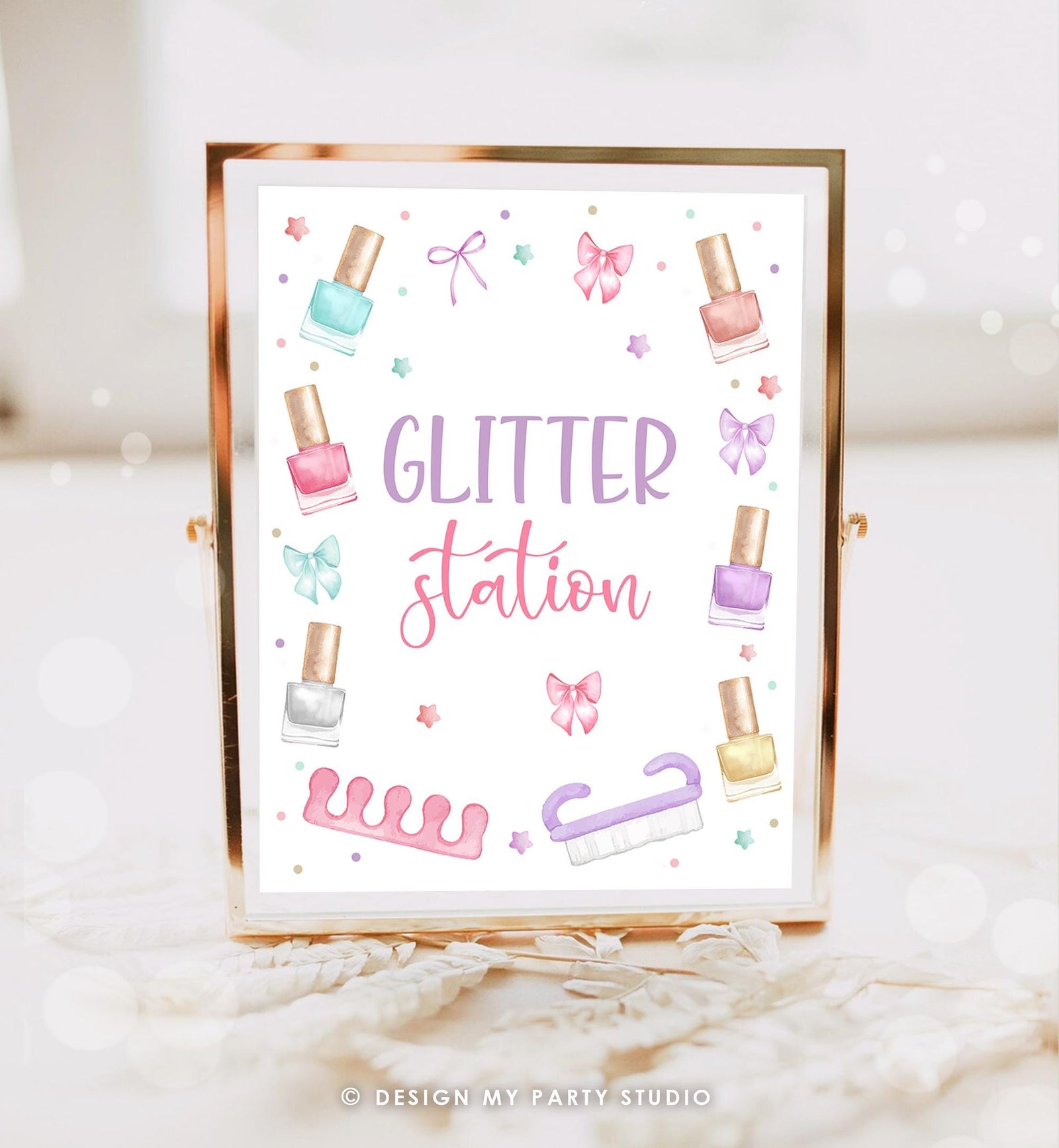Editable Glitter Station Party Sign Mani-Pedi Party Favors Spa Decor Birthday Nail Polish Salon Pink Table Digital Download Printable 0562