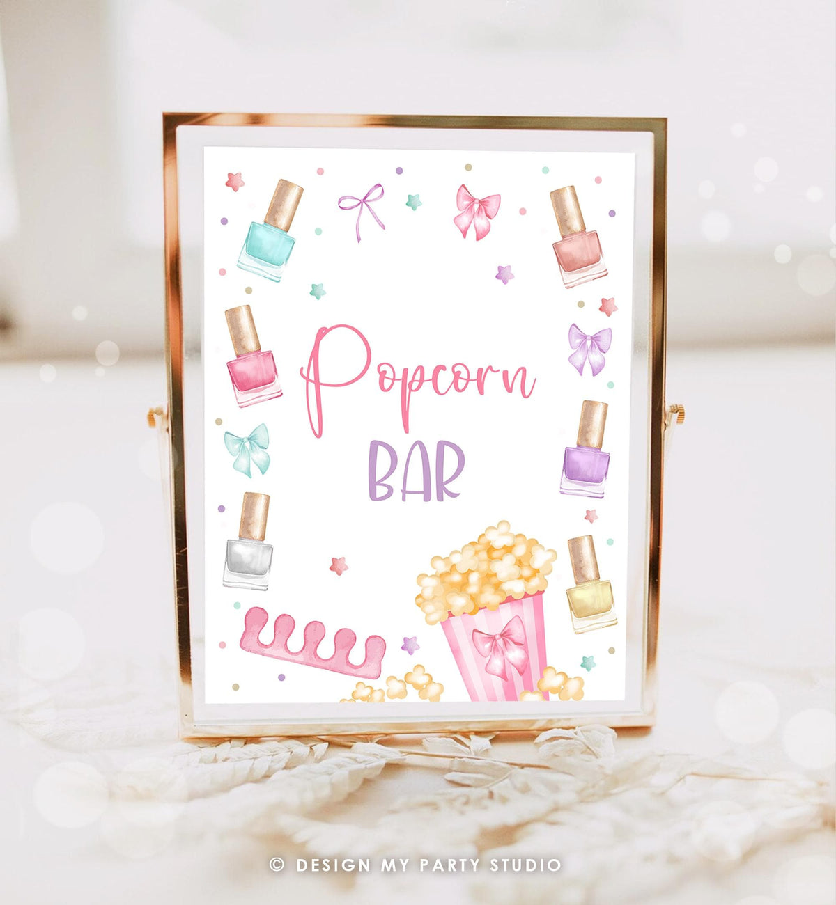 Editable Popcorn Bar Party Sign Mani-Pedi Food Station Spa Decor Birthday Nail Polish Salon Pink Table Digital Download Printable 0562