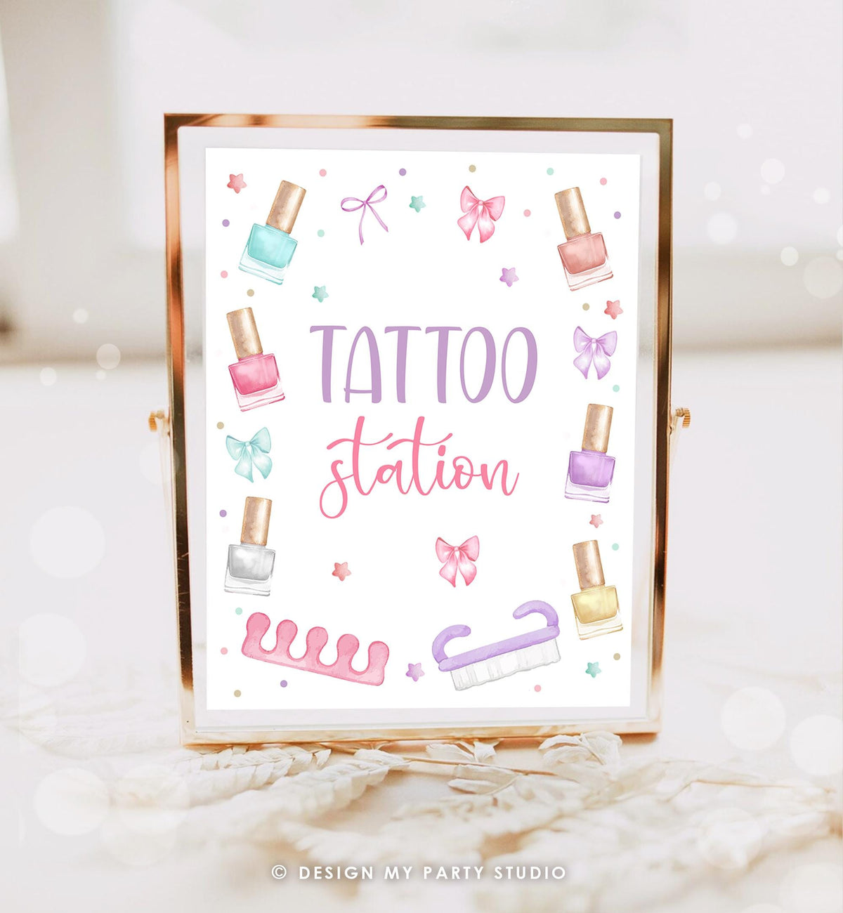Editable Tattoo Station Party Sign Mani-Pedi Party Favors Spa Decor Birthday Nail Polish Salon Pink Table Digital Download Printable 0562