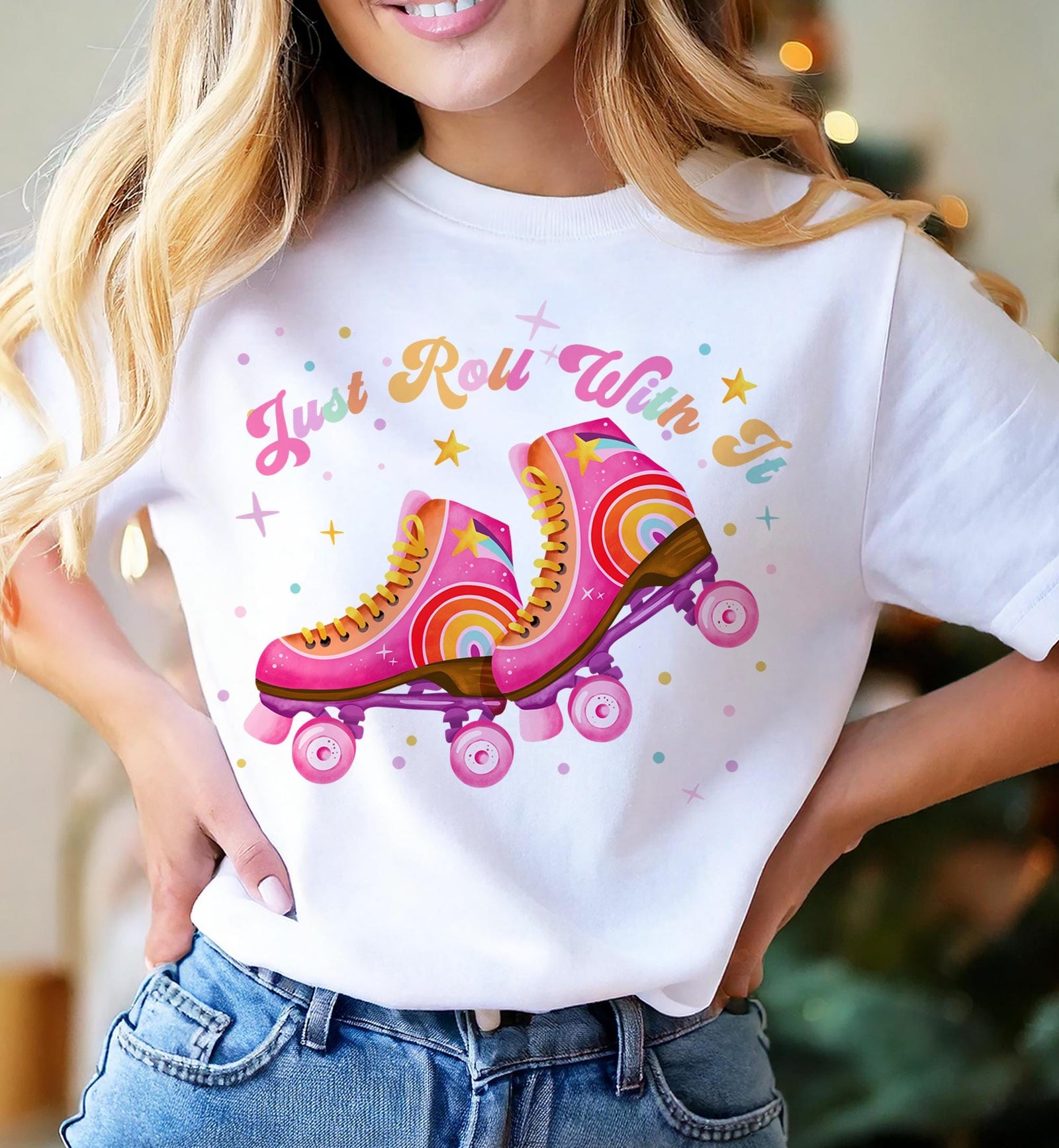 Roller Skating Just Roll With It Retro T-Shirt PNG for Sublimation Skating Lover Shirt Instant Download Digital Download File 0569