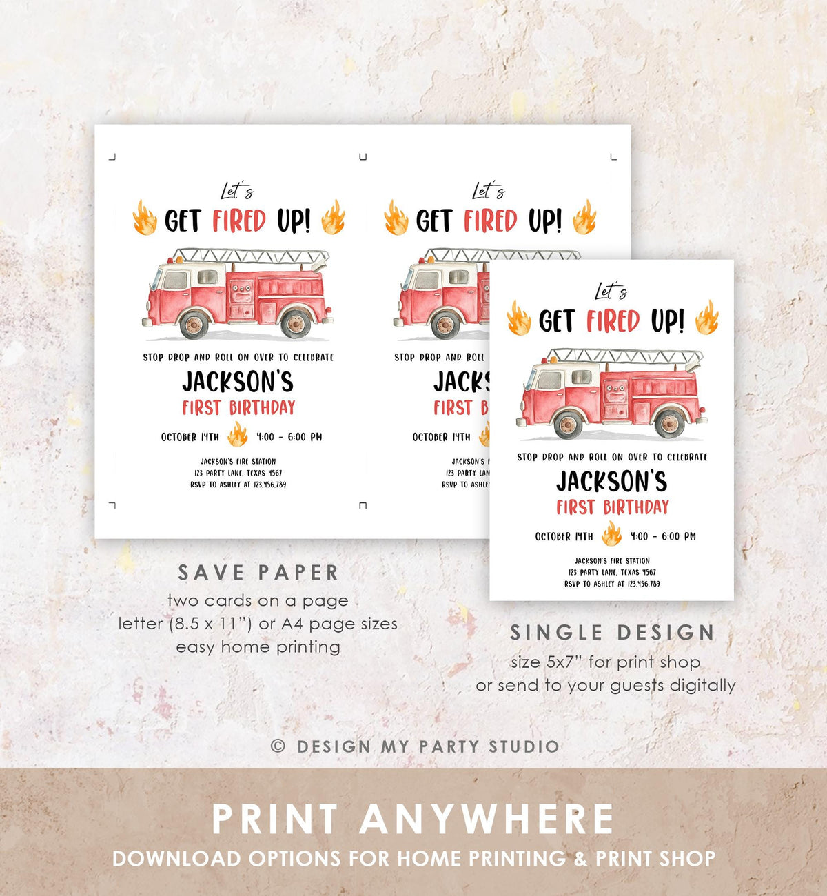 Editable Get Fired Up Birthday Invitation Firefighters Firetruck Fire Truck Boy Birthday Party Digital Evite Template Printable 0564