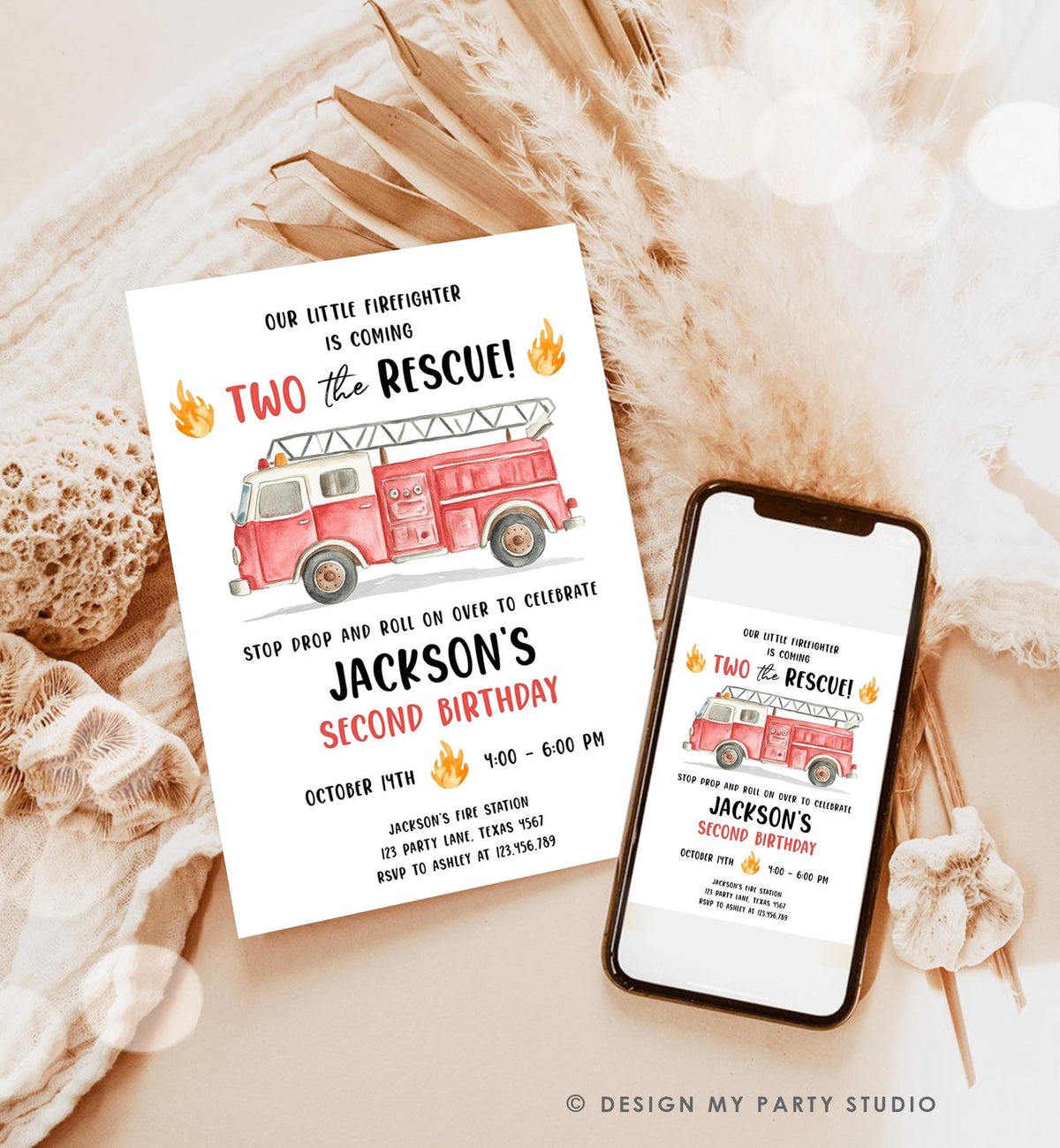 Editable Two the Rescue Birthday Invitation Firetruck Firefighter Boy 2nd Second Birthday Digital Download Evite Template Printable 0564