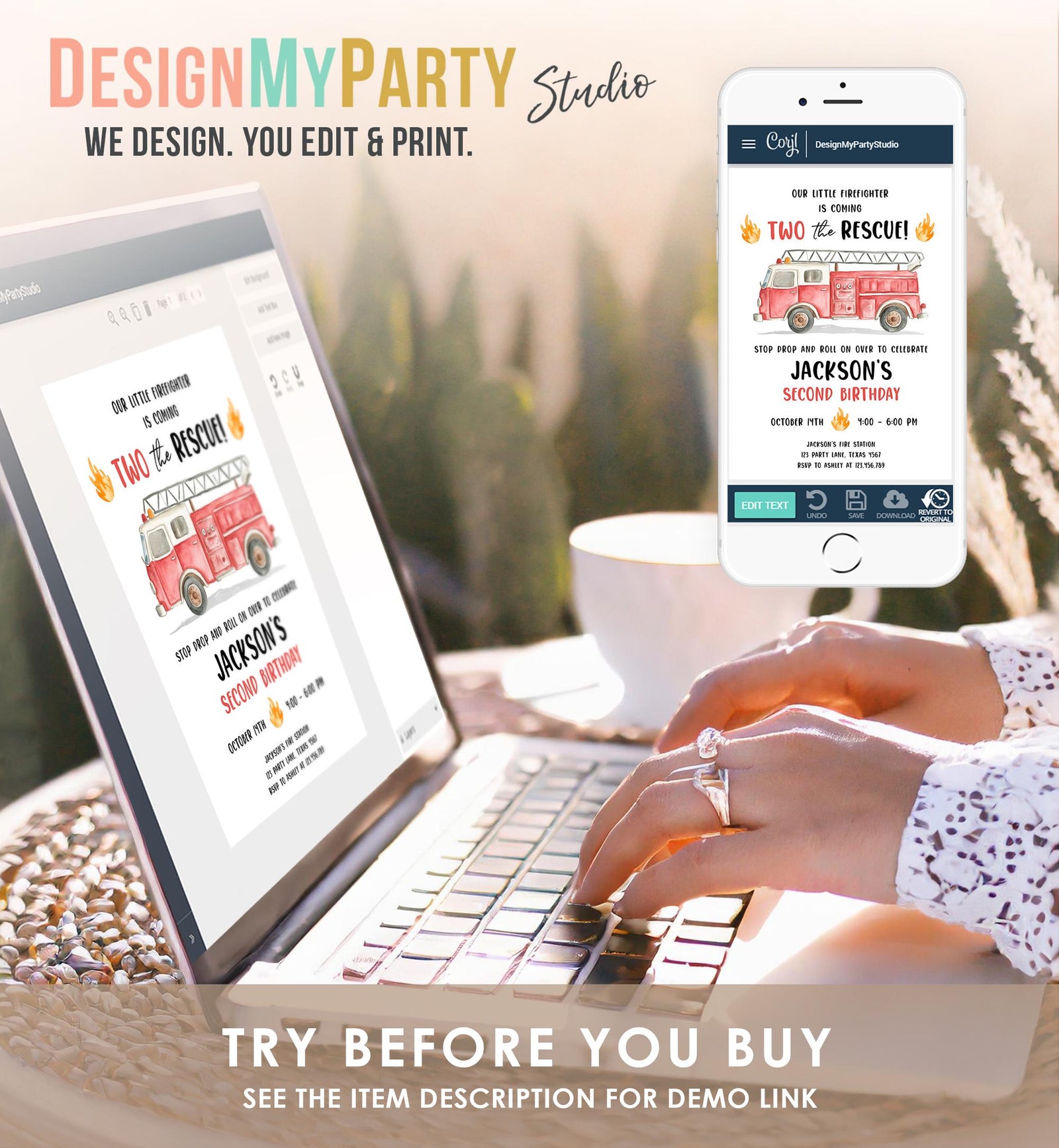 Editable Two the Rescue Birthday Invitation Firetruck Firefighter Boy 2nd Second Birthday Digital Download Evite Template Printable 0564