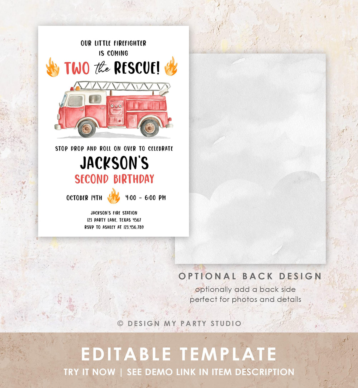 Editable Two the Rescue Birthday Invitation Firetruck Firefighter Boy 2nd Second Birthday Digital Download Evite Template Printable 0564