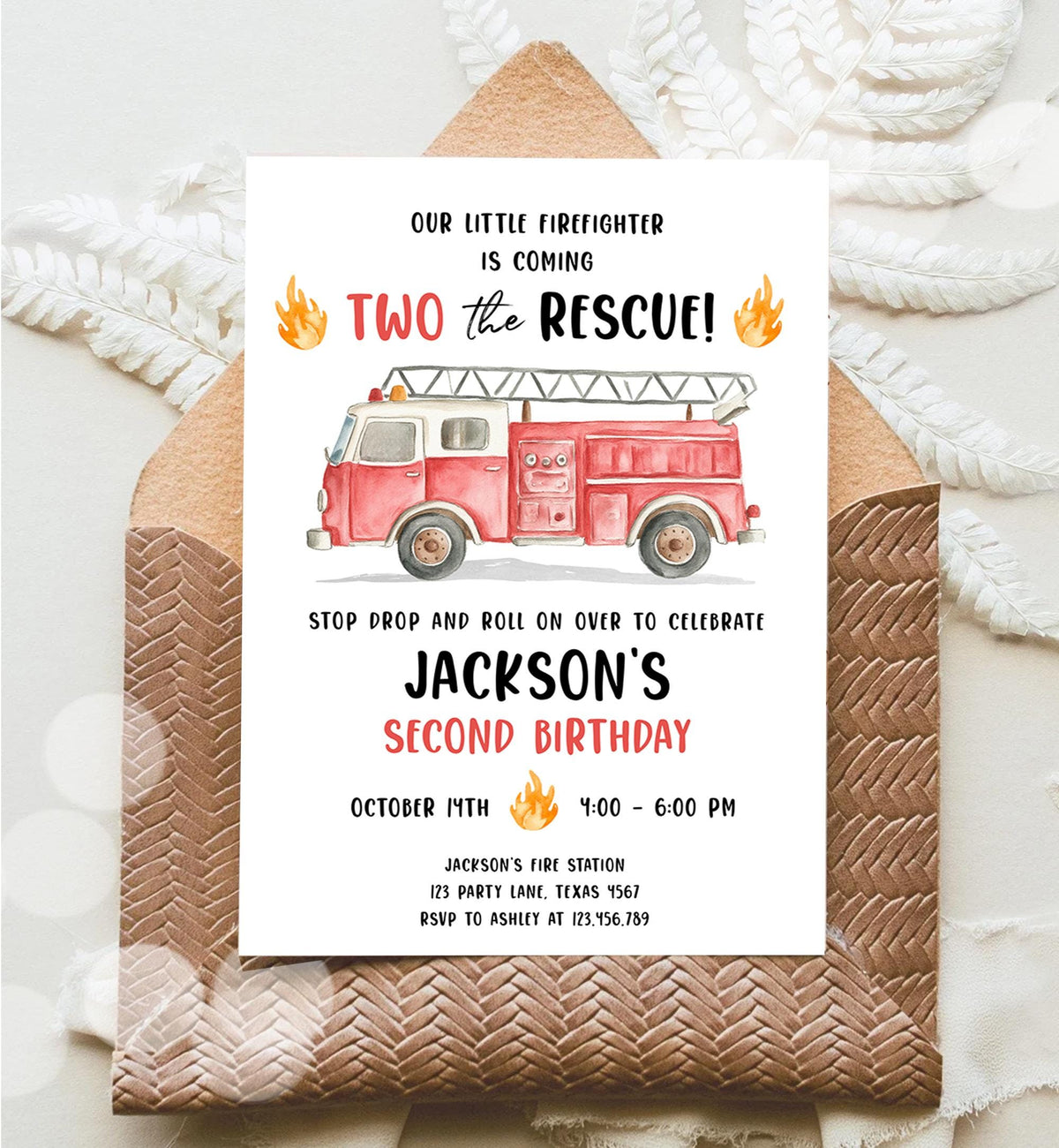 Editable Two the Rescue Birthday Invitation Firetruck Firefighter Boy 2nd Second Birthday Digital Download Evite Template Printable 0564