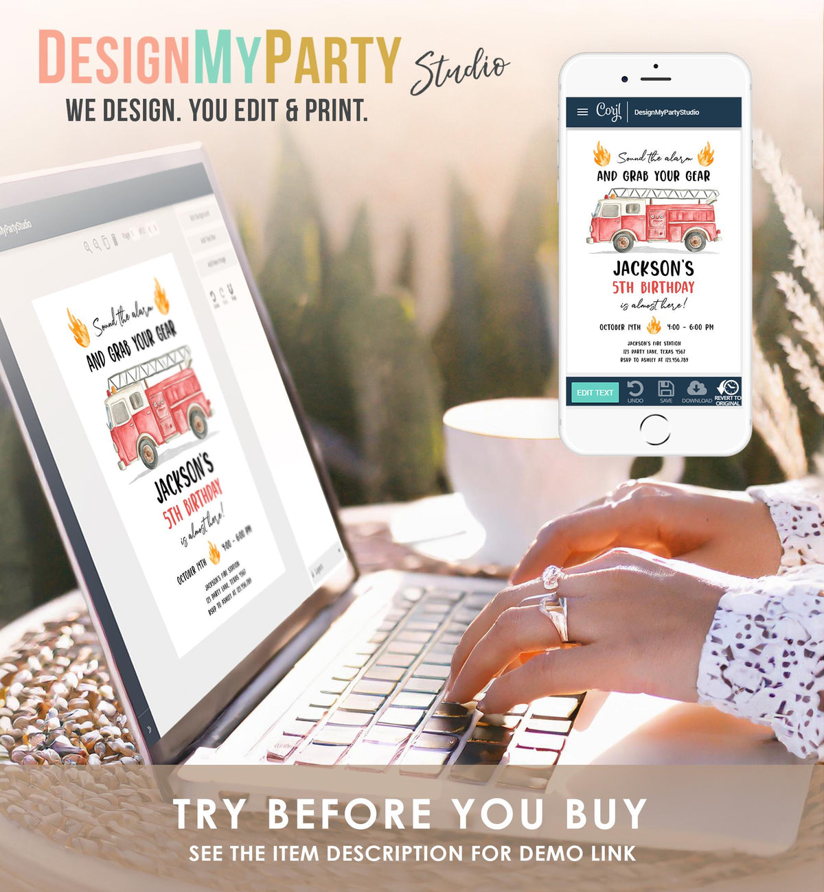 Editable Firetruck Birthday Invitation Boy Fire Truck Firefighter Fire Engine Sound the Alarm Digital Download Evite Template Printable 0564