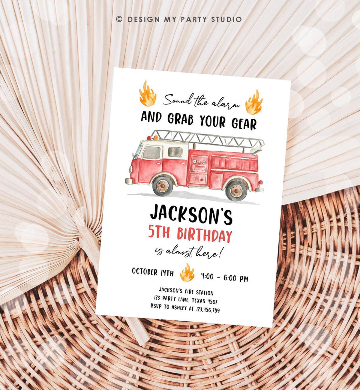 Editable Firetruck Birthday Invitation Boy Fire Truck Firefighter Fire Engine Sound the Alarm Digital Download Evite Template Printable 0564