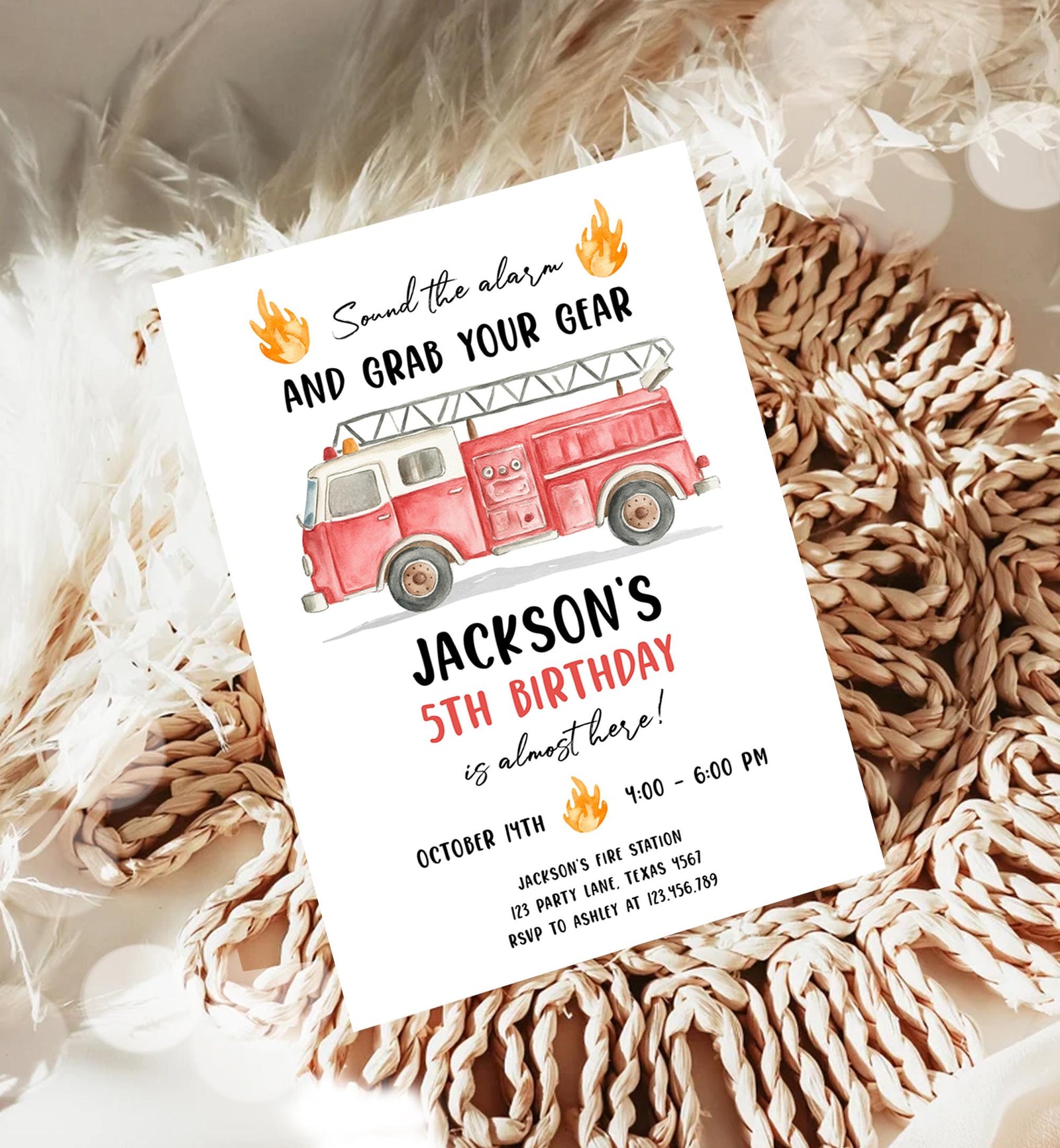Editable Firetruck Birthday Invitation Boy Fire Truck Firefighter Fire Engine Sound the Alarm Digital Download Evite Template Printable 0564