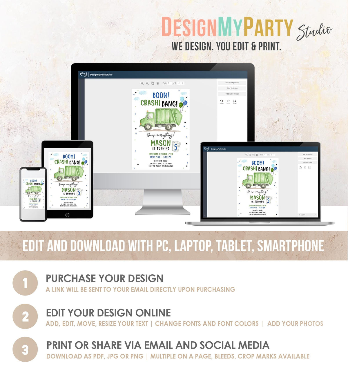 Editable Garbage Truck Birthday Invitation Trash Boom Crash Bang Green Truck Boy Birthday Party Digital Evite Template Printable 0565