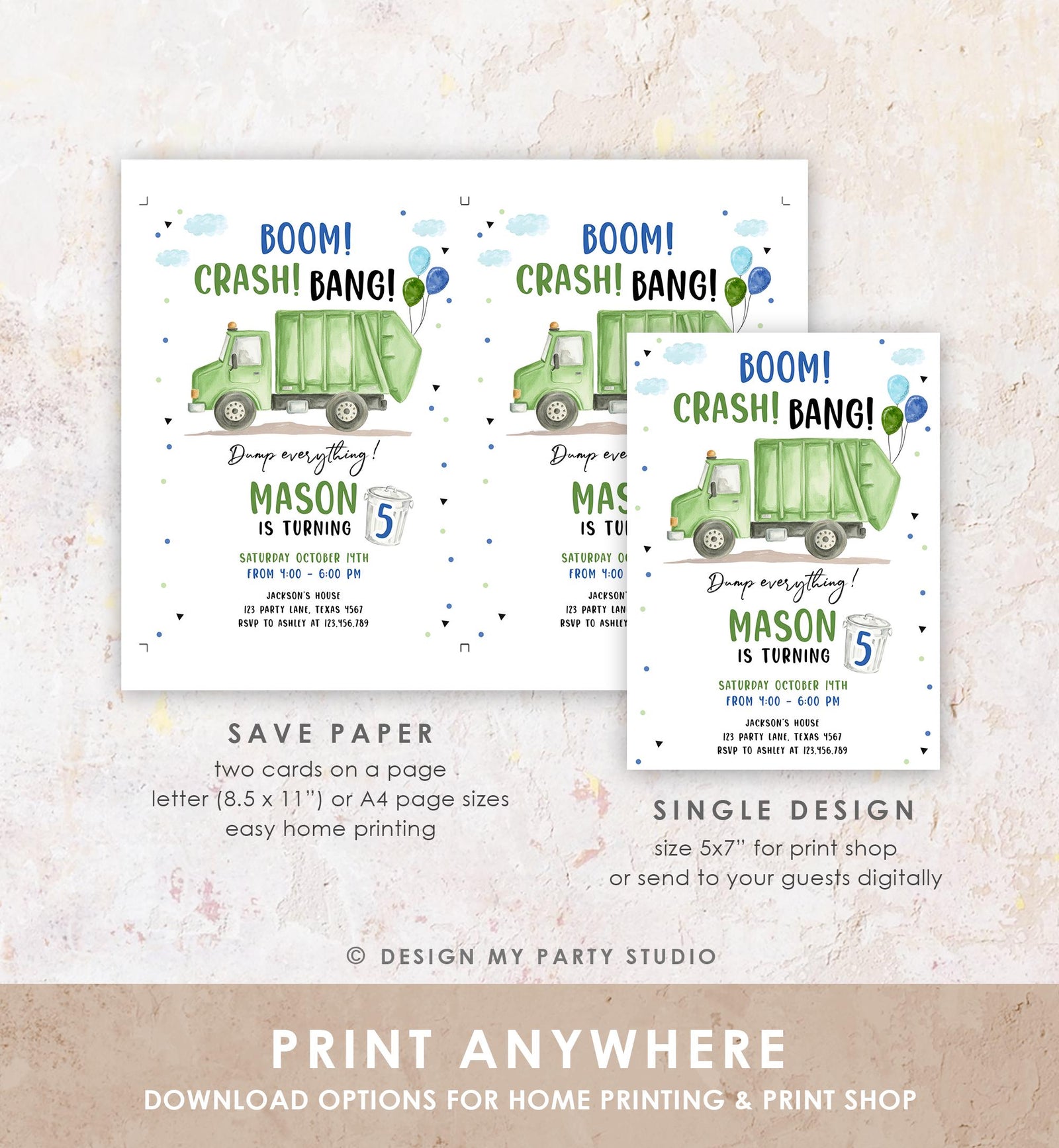 Editable Garbage Truck Birthday Invitation Trash Boom Crash Bang Green Truck Boy Birthday Party Digital Evite Template Printable 0565