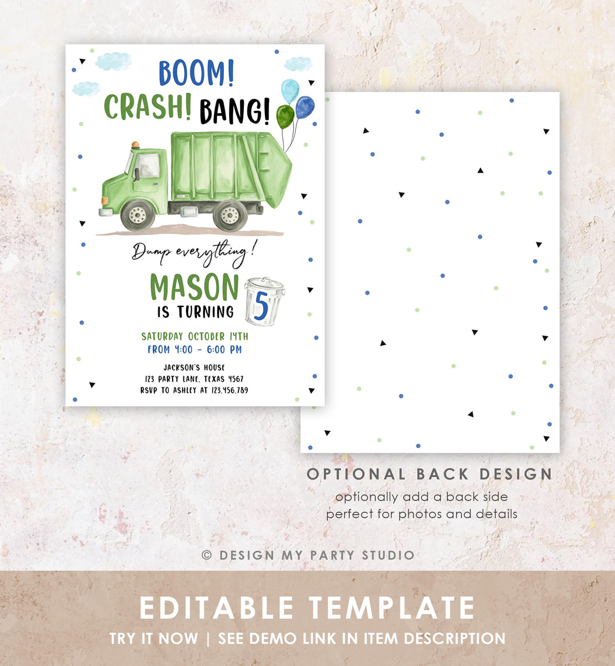 Editable Garbage Truck Birthday Invitation Trash Boom Crash Bang Green Truck Boy Birthday Party Digital Evite Template Printable 0565