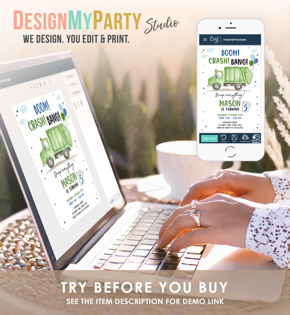 Editable Garbage Truck Birthday Invitation Trash Boom Crash Bang Green Truck Boy Birthday Party Digital Evite Template Printable 0565