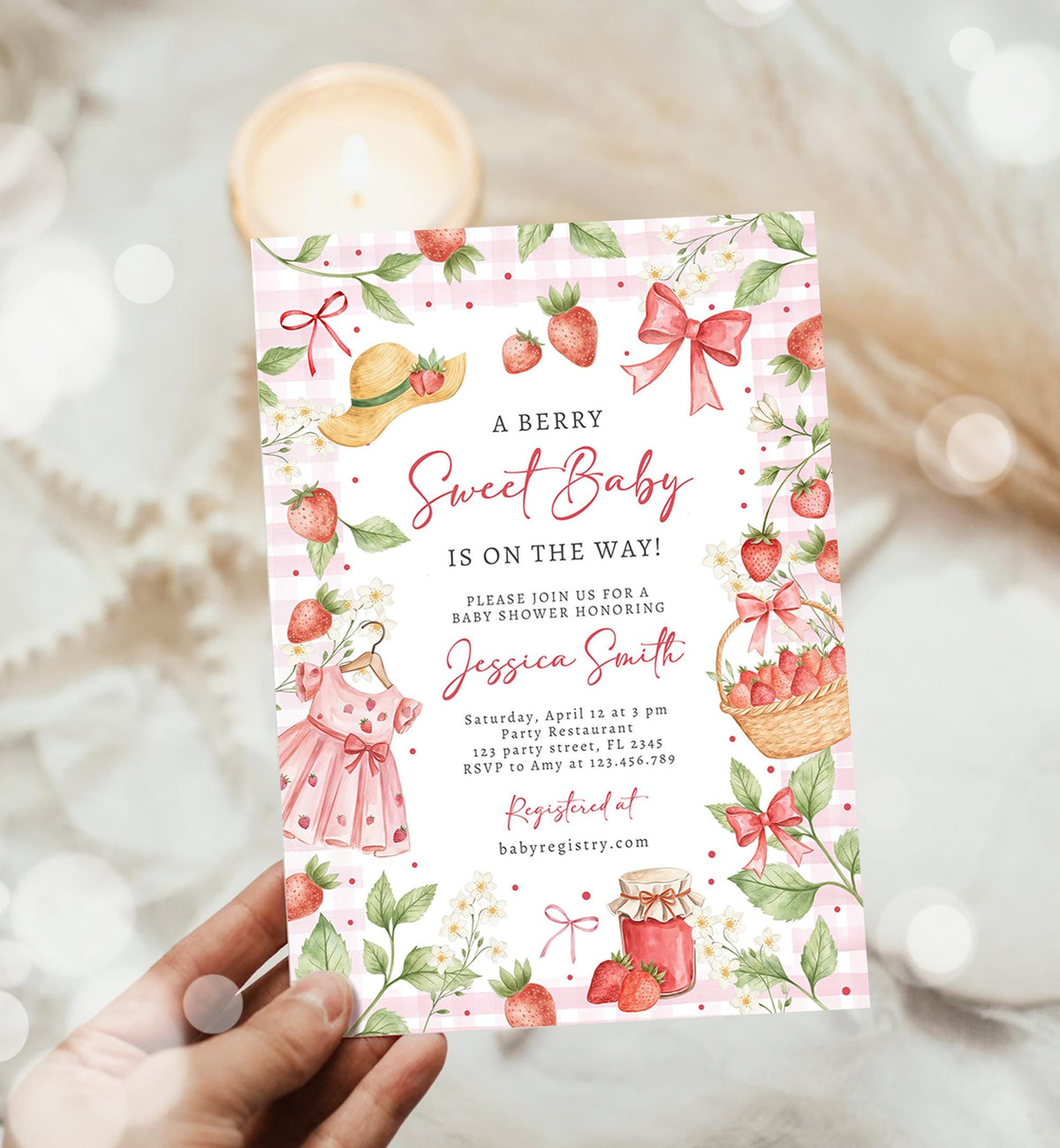 Editable Strawberry Baby Shower Invitation Cute Berry Sweet Baby Girl Strawberries Summer Digital Download Template Printable 0567